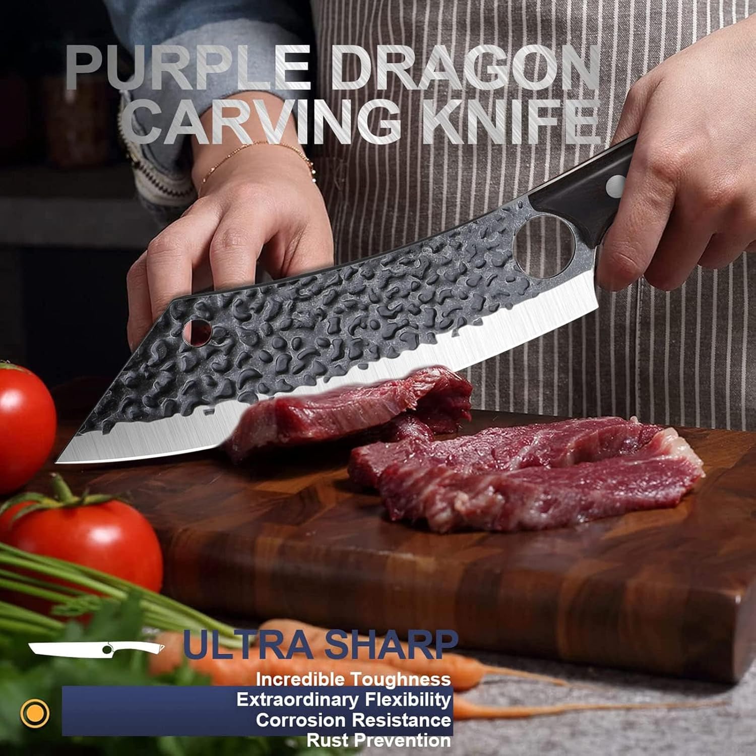 Purple Dragon Kitchen Knife 8 Inch Ultra Sharp Japanese Butcher Knife for Meat Cleaver Vegetable Cutting with Finger Hole Hand Forged High Carbon Steel Chef Knives Christmas Gift for Men and Women - Image 4