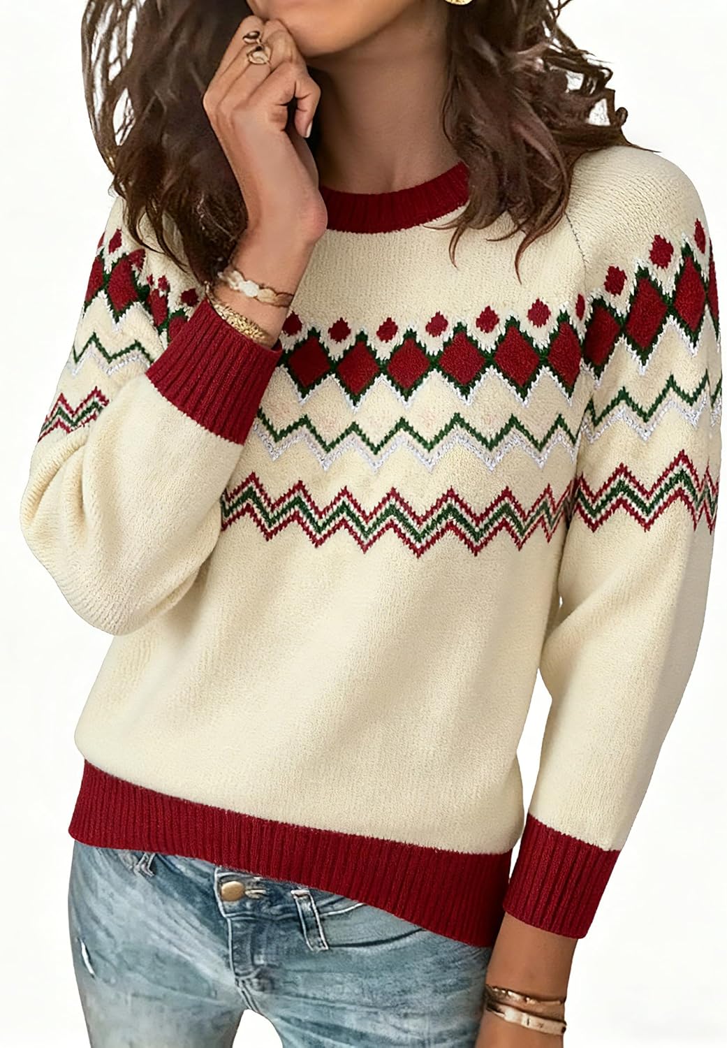 ANCAPELION Women's Christmas Sweater Pullover Vintage Color Block Chunky Knit Sweater Tops