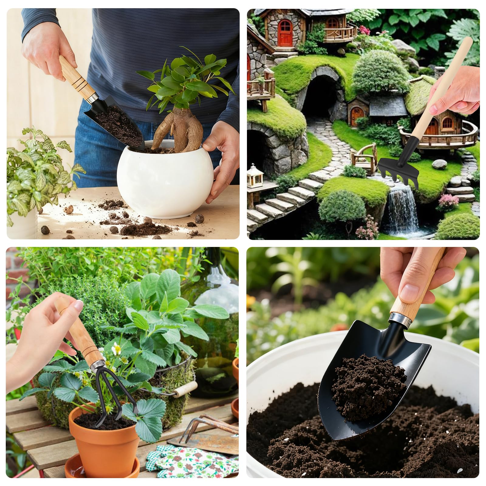 6 Juego de Herramientas de Jardín, Mini Herramientas Jardineria, Herramientas de Jardín Pequeñas, Kit de Jardinería Mango de Madera, Pala, Pala Pequeña, Rastrillo, para Suculentas, Plantas en Maceta