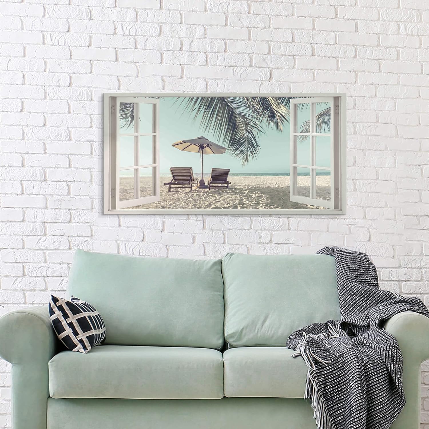 Window Beach Wall Art Canvas: Relaxing Coastal Scene Picture Tropical Sea Landscape Painting Print Decor Horizontal Bedroom Living Room Summer Seaside Seascape Artwork for Home Office