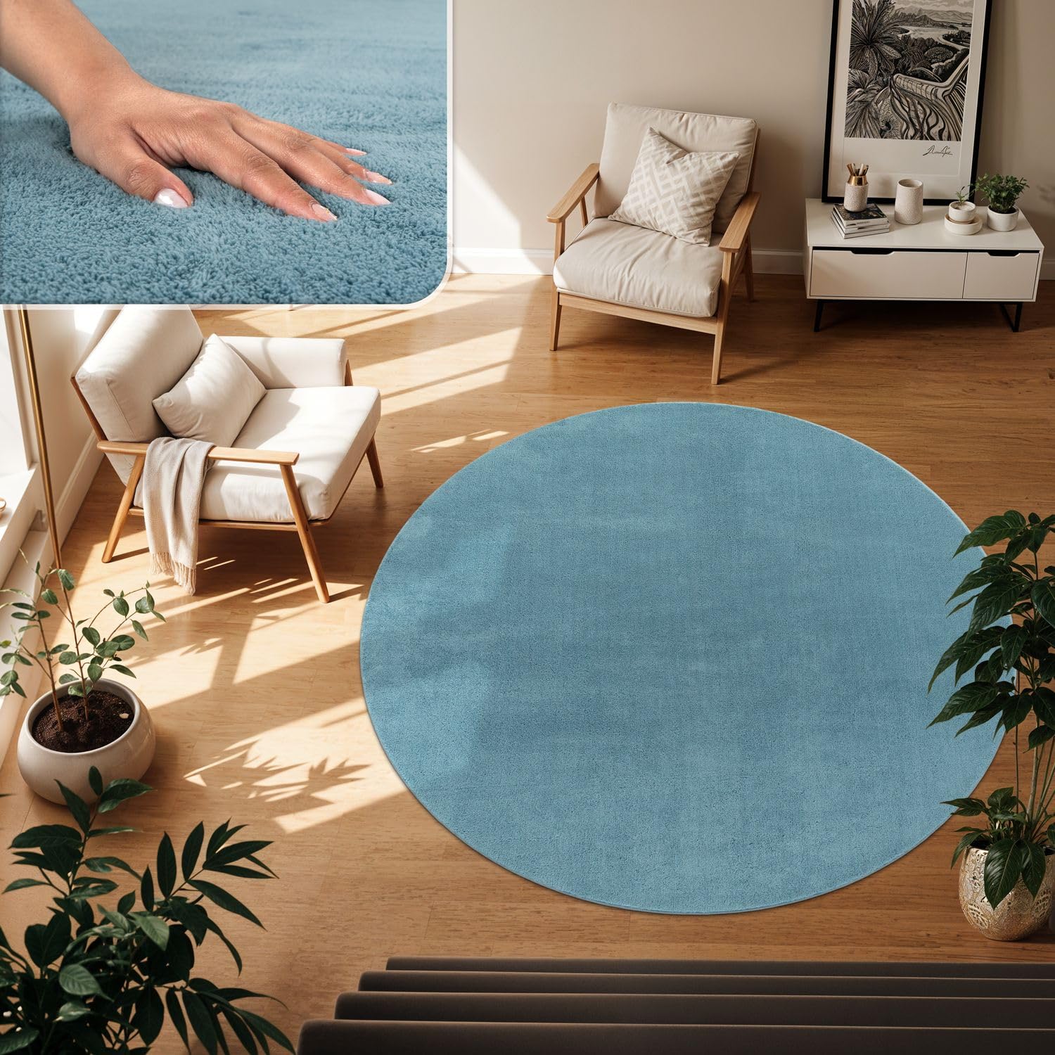 TT Home Wohnzimmer Teppich Kurzflor Anti-Rutsch Rückseite Unifarben Modern Waschbar