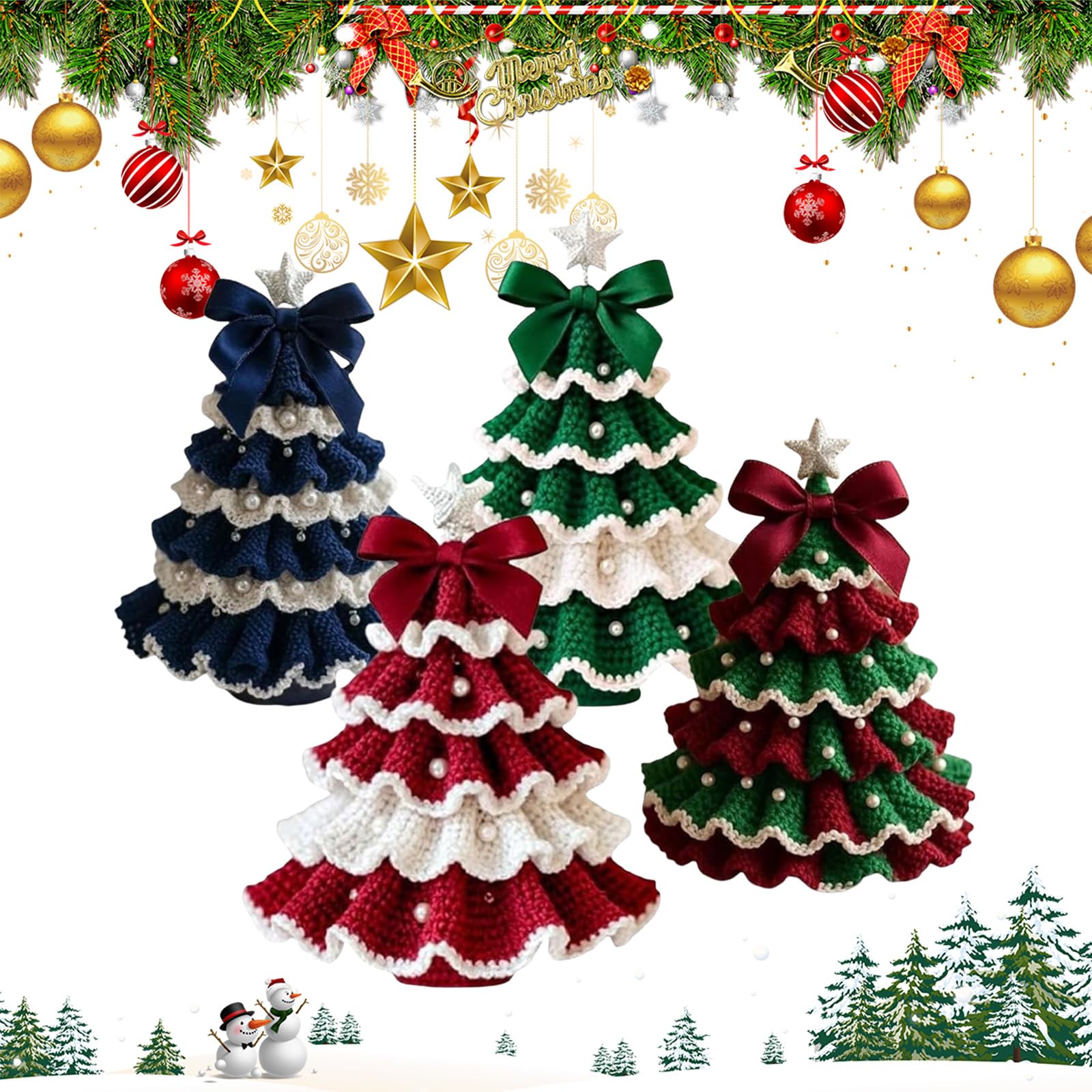 Peamoo 4Pcs Diy Crochet Christmas Tree Kit,Handcraft Holiday Decoration Set,Beginner Crochet Diy Christmas Tree Kit, Trees Bow Pearl Embellishment,Holiday Ornament Decor,Xmas Party Decorations (4Pcs)