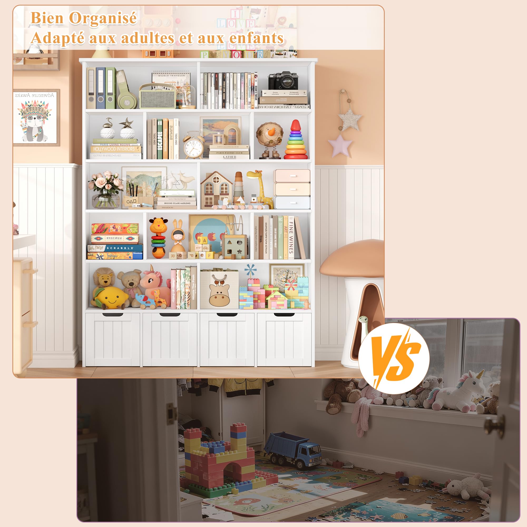 FOREHILL Meuble de Rangement Enfant Bibliothèque Enfant avec 13 Étagères 4 Tiroirs Roulants Rangement Jouet pour Chambre d’Enfant Salle de Jeu 125.5x33x175cm Blanc