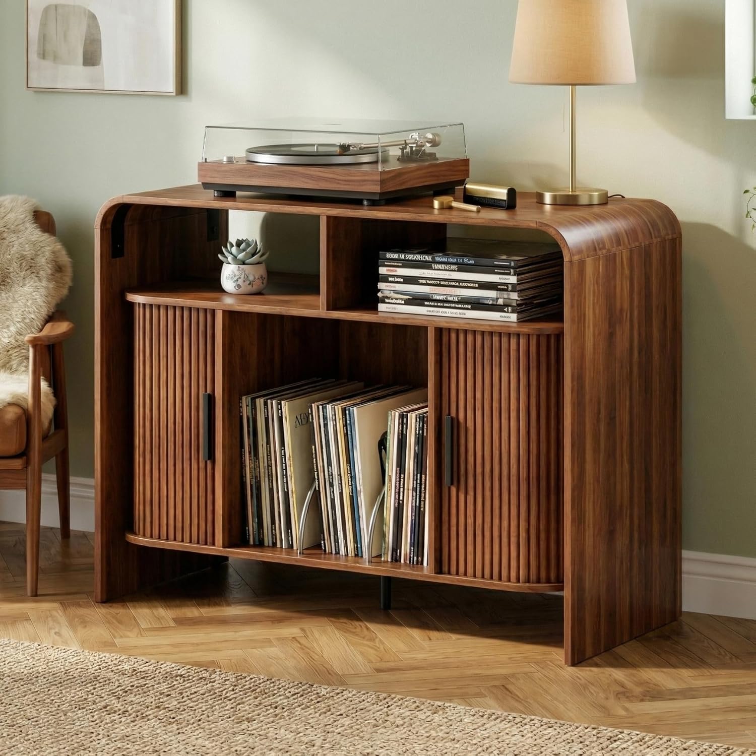 Vinyl Record Player Stand with Sliding Doors, Small Record Storage Cabinet, Fluted Wood Media Cabinet with Open Shelves, Mid Century Modern Turntable Stand for Living Room, Walnut, Vintage