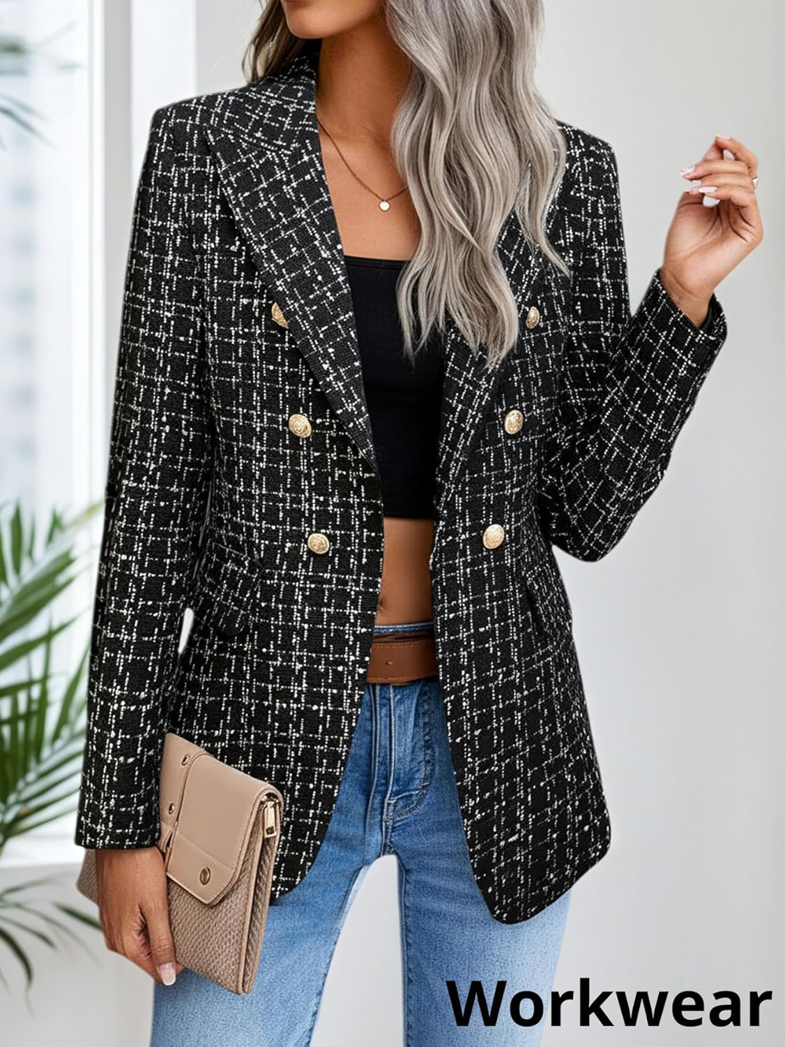 Mina Self 2026 Spring Women's Tweed Plaid Blazer Jacket - Fully Lined Fashion Business Casual Elegant Work Coat Pockets - Image 4