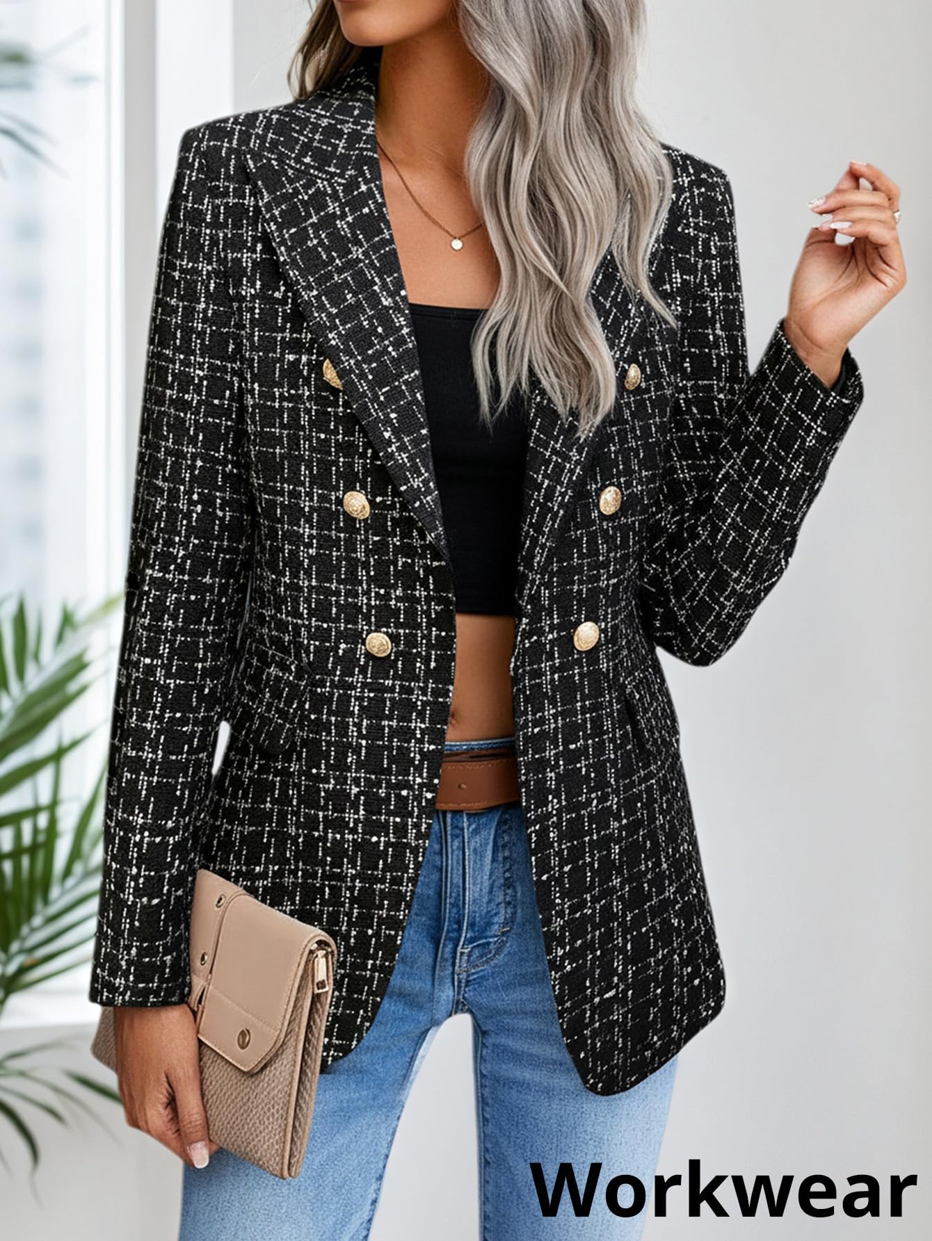 Mina Self Blazer da Donna in Tweed a Quadri, Caldo, Completamente Foderato, alla Moda, Casual, Elegante, con Tasche