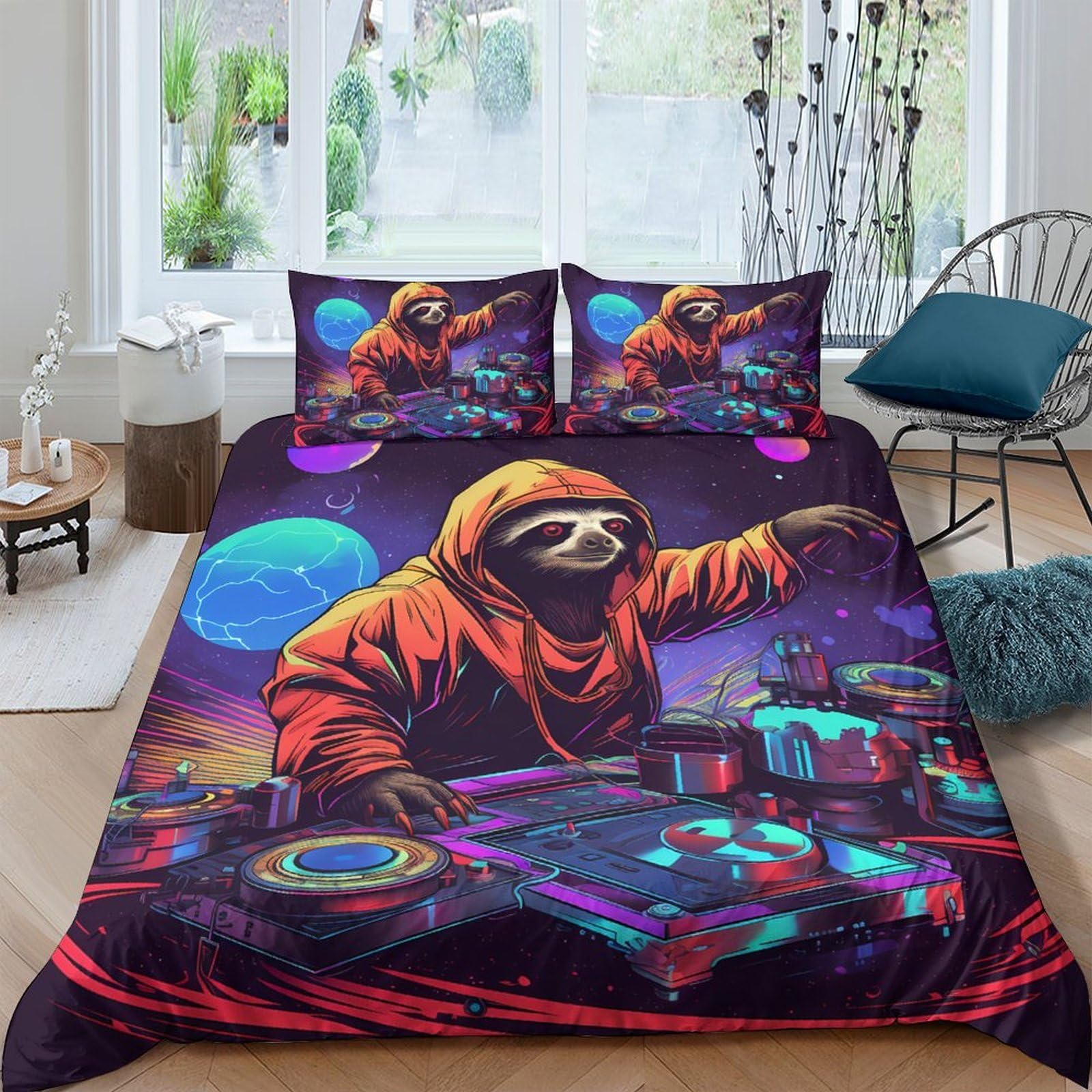 Ctjqhvkz Style-5 3D Printed Dj Sloth Fitted Sheet Microfiber Vibrant Space Bed Cover For Bedroom Dorm Mattress Protection Decor Single（135X200cm）