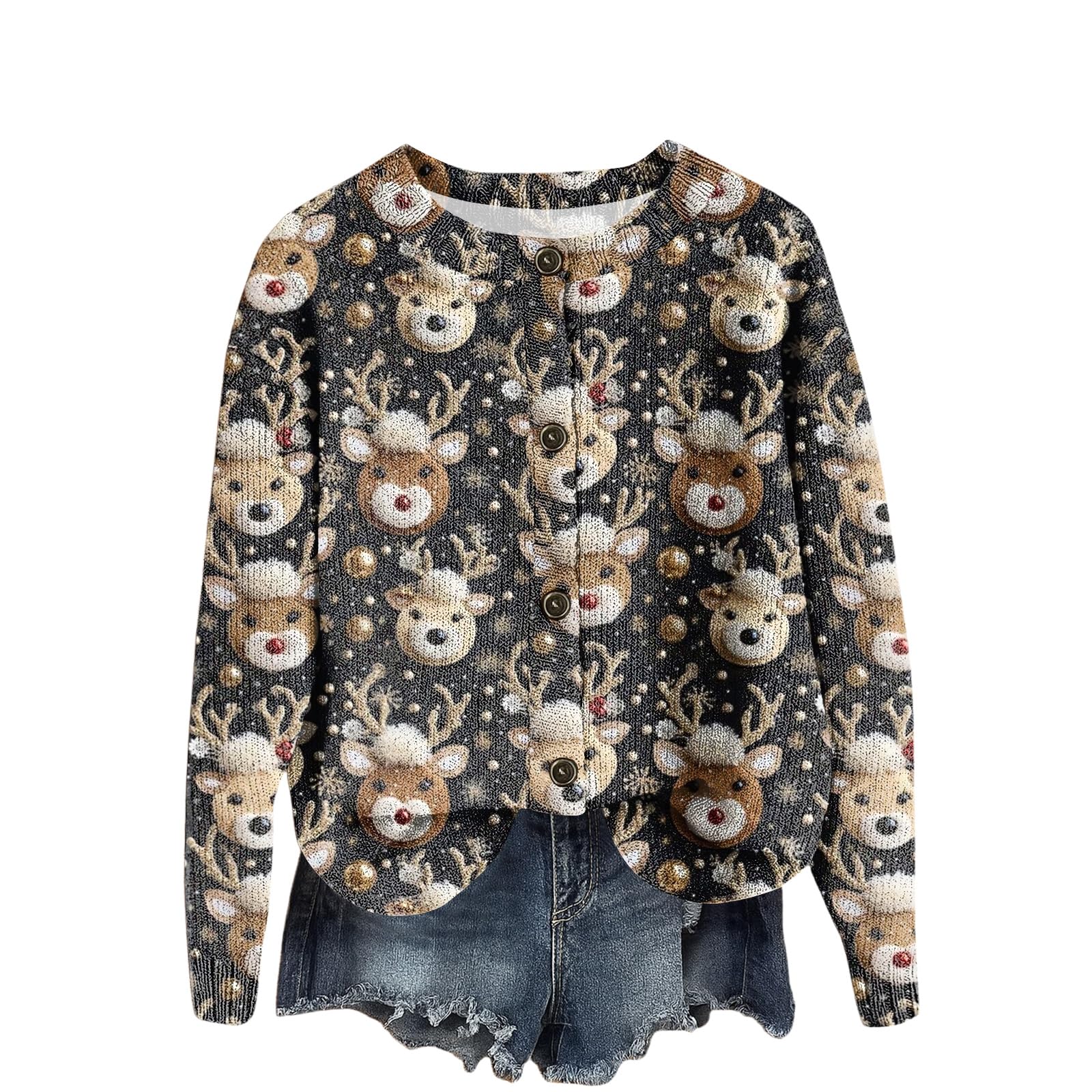 Christmas Ugly Sweaters for Women Reindeer Long Sleeve Holiday Open Front New Years Sweater Cardigan