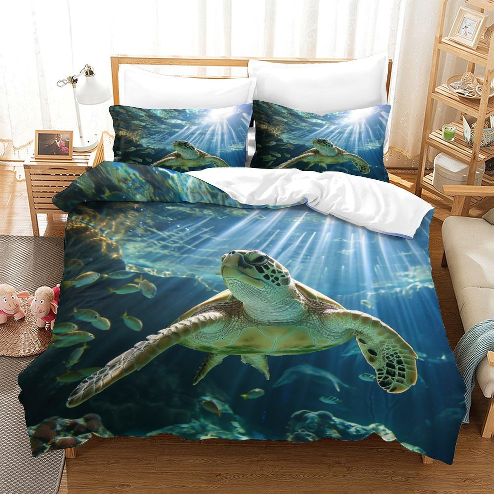 P1s9u7w5y Sea Turtle-6 3D Printed Sea Turtle Underwater Duvet Cover Set 3Pcs Microfiber Ocean Bedding Set Double（200X200cm）