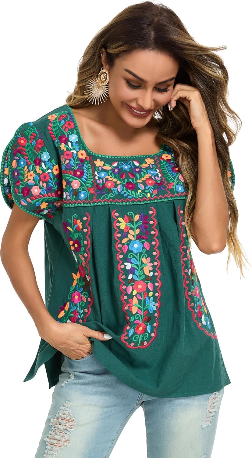 Mexican Shirts for Women Embroidered Tops Traditional Peasant Summer Tunic Blouse