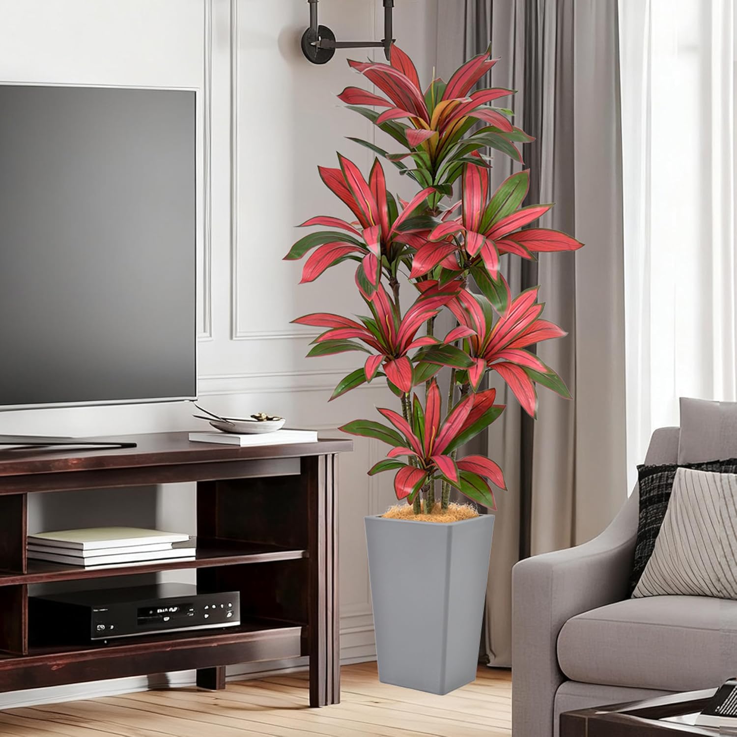 6FT Artificial Dracaena Tree - 72in Faux Dracaena Tree with Gray Planter, Realistic Trunk & Lifelike Red Foliages, Tall Fake Tropical Floor Plant Potted for Home Office Living Room Indoor Decor - Image 5