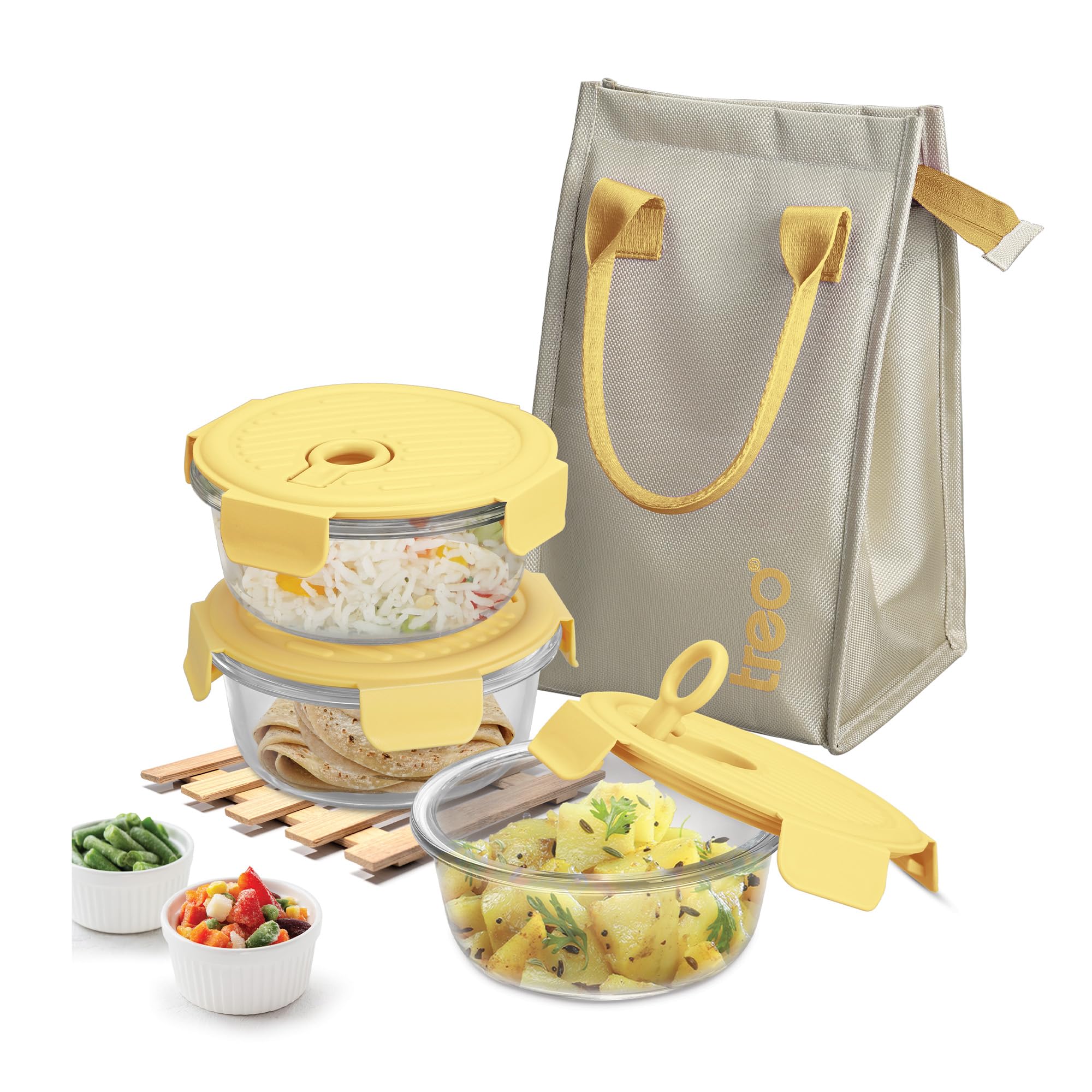 Treo by Milton Lumino Fresh Round Borosilicate Glass Lunch Box Set of 3, Yellow Lid, 400 ml Each with Lunch Bag, Microwave & Dishwasher Safe, Leak Proof Containers Office Tiffin