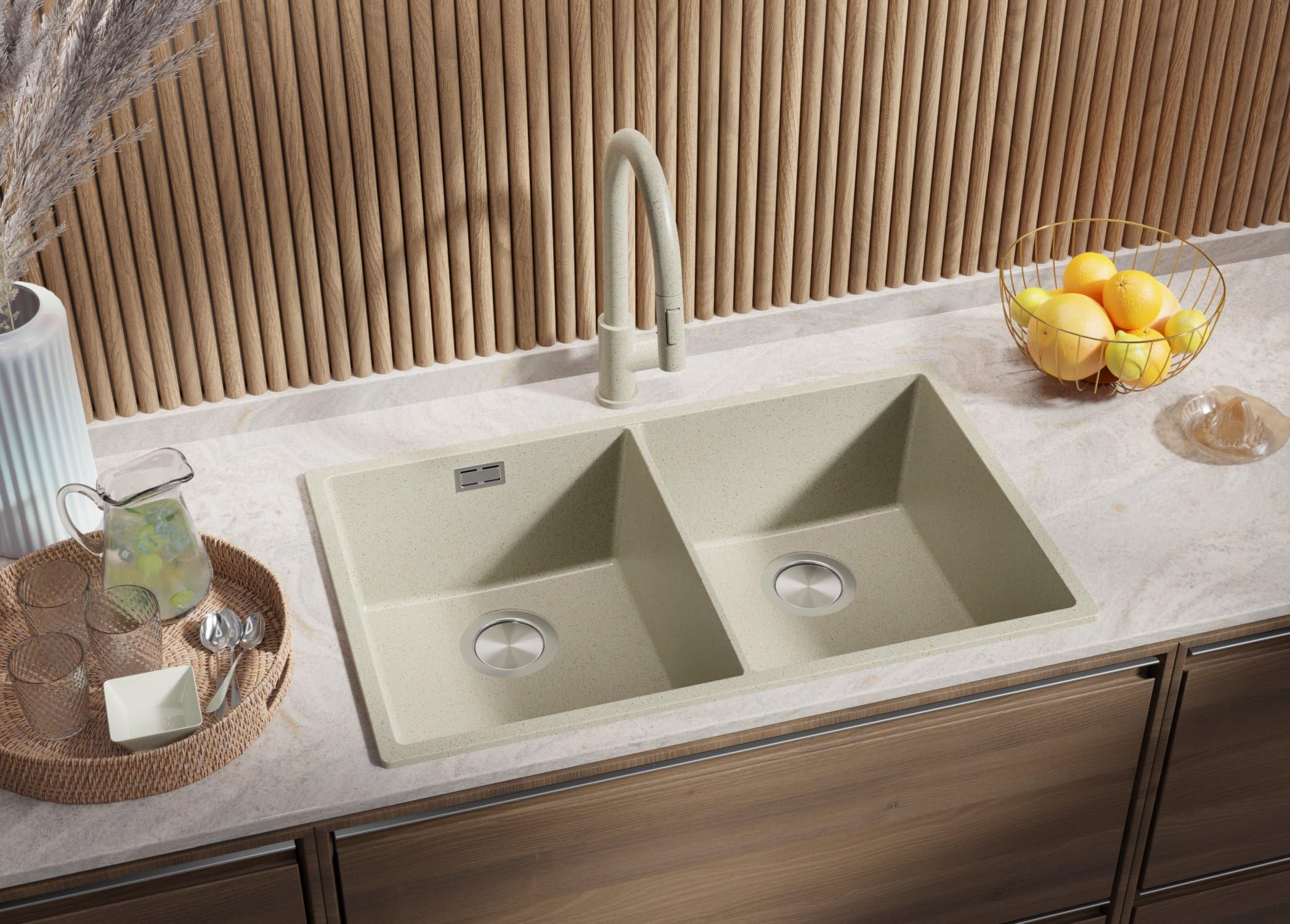 PRIMAGRAN Fregadero Cocina Todo Beige - London Twin Slim, 76x47cm | Granito 2 Senos + Sifón, sobre Encimera al Mueble 80cm (S010)