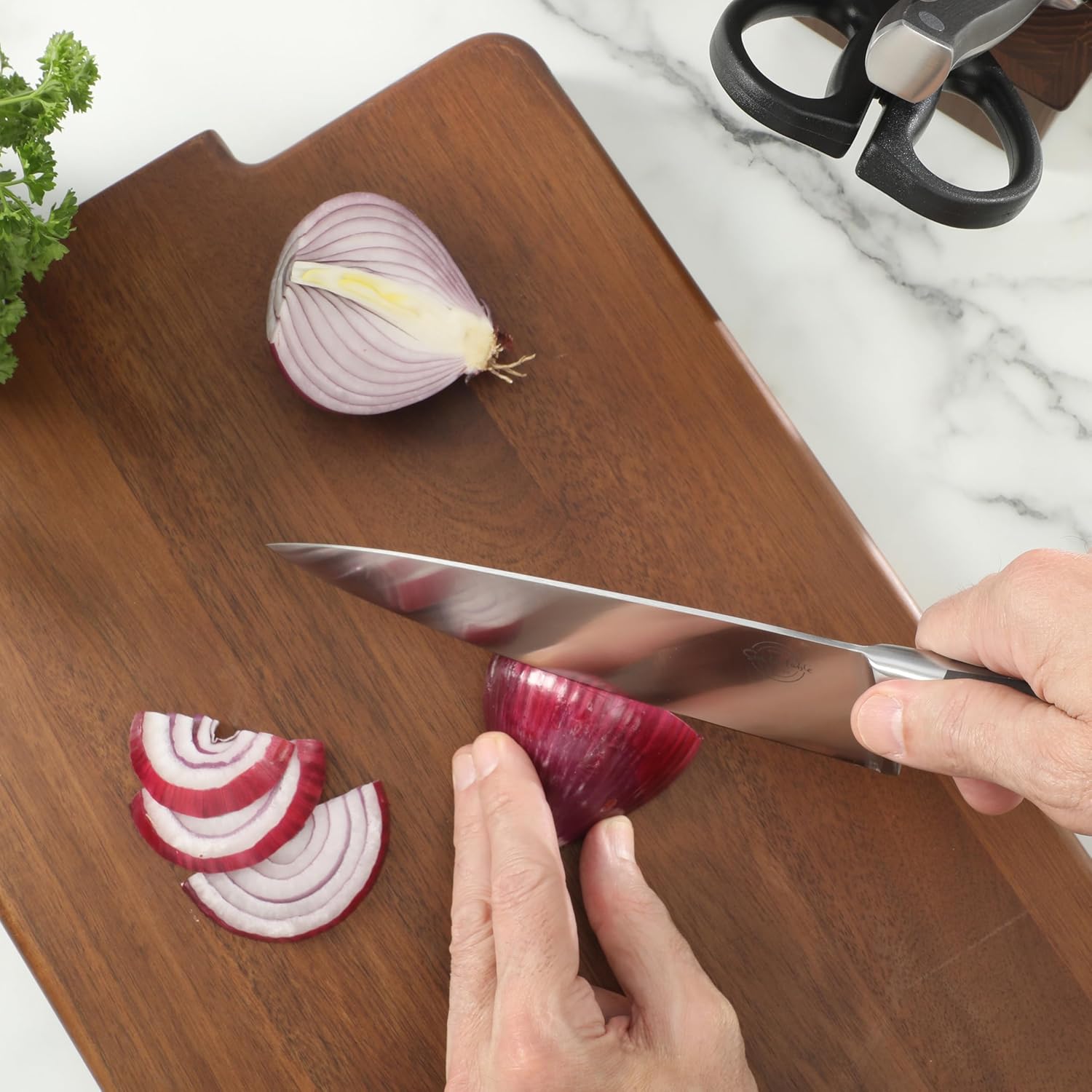 Sur La Table Kitchen Essentials Tasting Kitchen High-Carbon German Steel 7 Piece Full Tang Forged Cutlery Knife Block Set - Black W/Ashwood Block