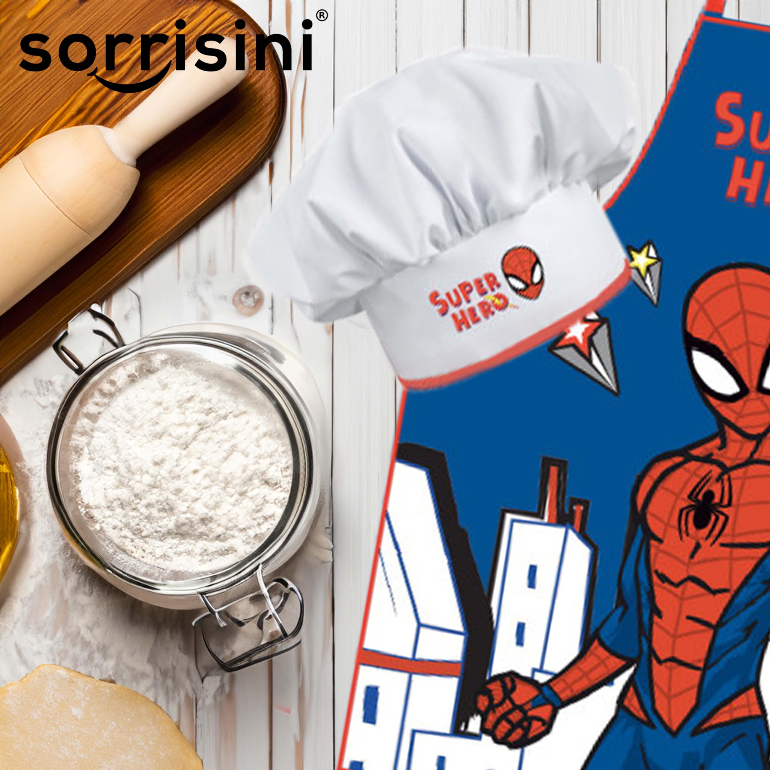 Fartuch kuchenny dla dzieci, Kapelusz szefa kuchni dla dzieci, Fartuch i regulowany kapelusz szefa kuchni do gotowania, Pieczenia lub malowania, Spiderman City