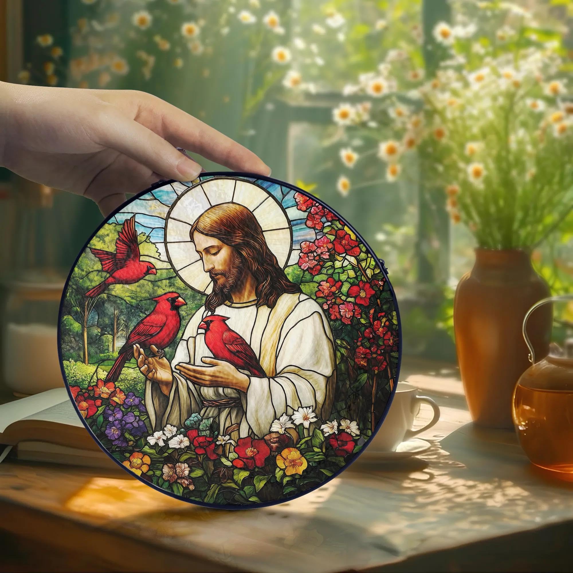 Christian Gifts for Women Faith Red Cardinals Window Hanging Suncatcher Stained Glass, Jesus & Cardinal Faith Home Decorations Jesus Gifts for Women of God Christmas Religious Catholic Gift For Memory