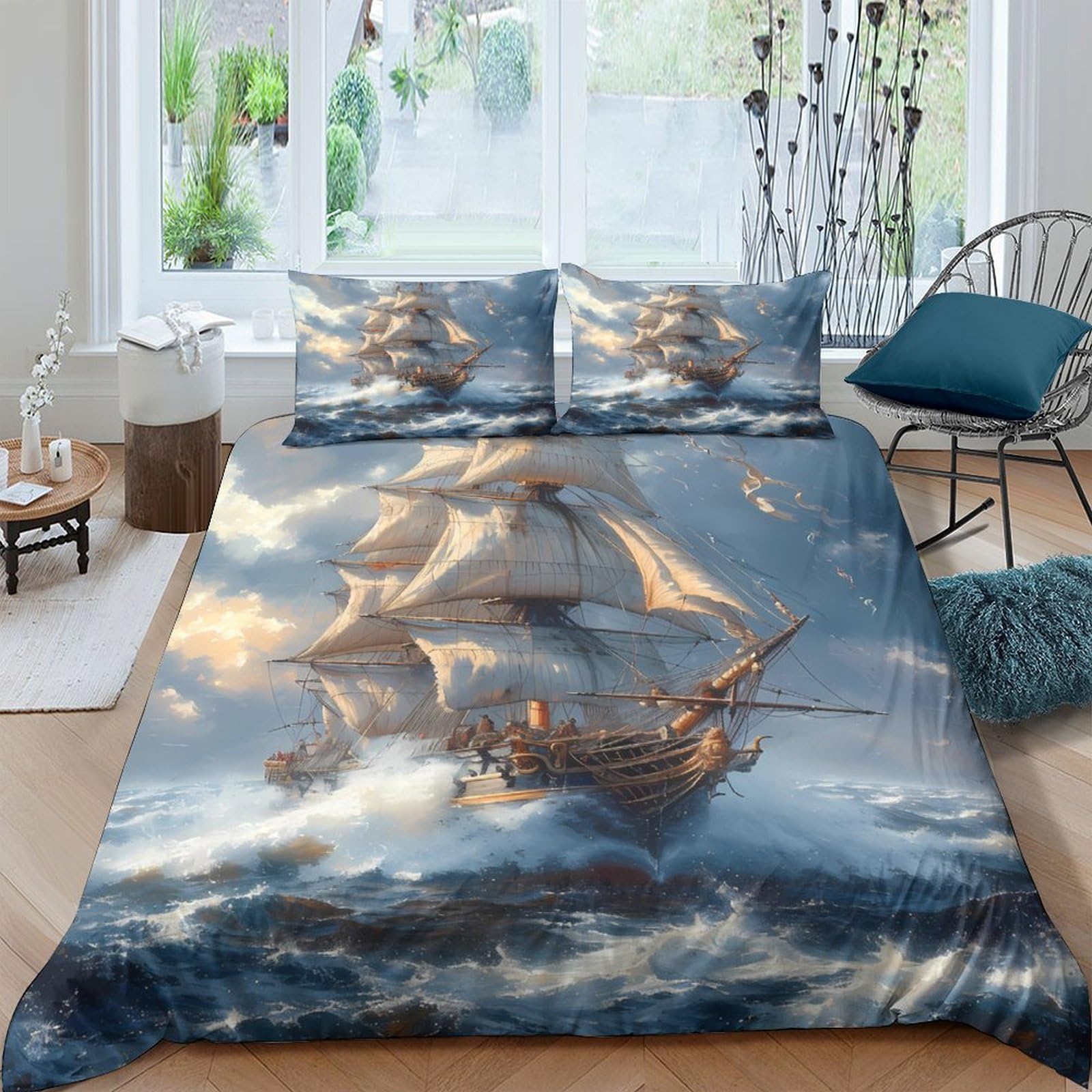 Ctjqhvkz Style-4 3D Printed Sailing Ship Fitted Sheet Microfiber Soft Nautical Ocean Bed Cover For Adult Teen Bedroom Decor Single（135X200cm）