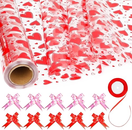FOIMAS Rollo de envoltura de celofán con corazón, 32 pulgadas x 98 pies, papel de regalo de celofán transparente para el día de San Valentín, con