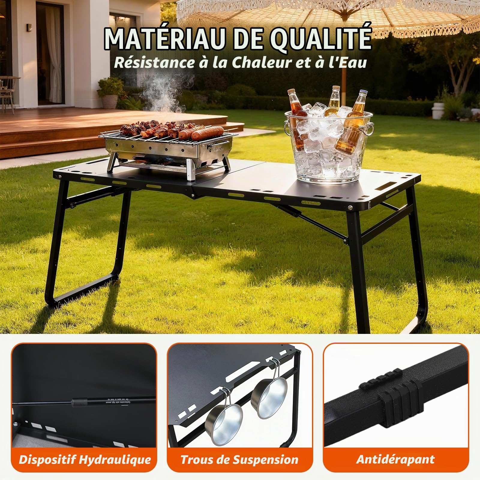 Table Camping Basse Métal Noir, Pliante + Sac de Transport Inclus | Structure métal noir solide, format bas polyvalent, se plie compacte + sac transport, jardin, voyage barbecue