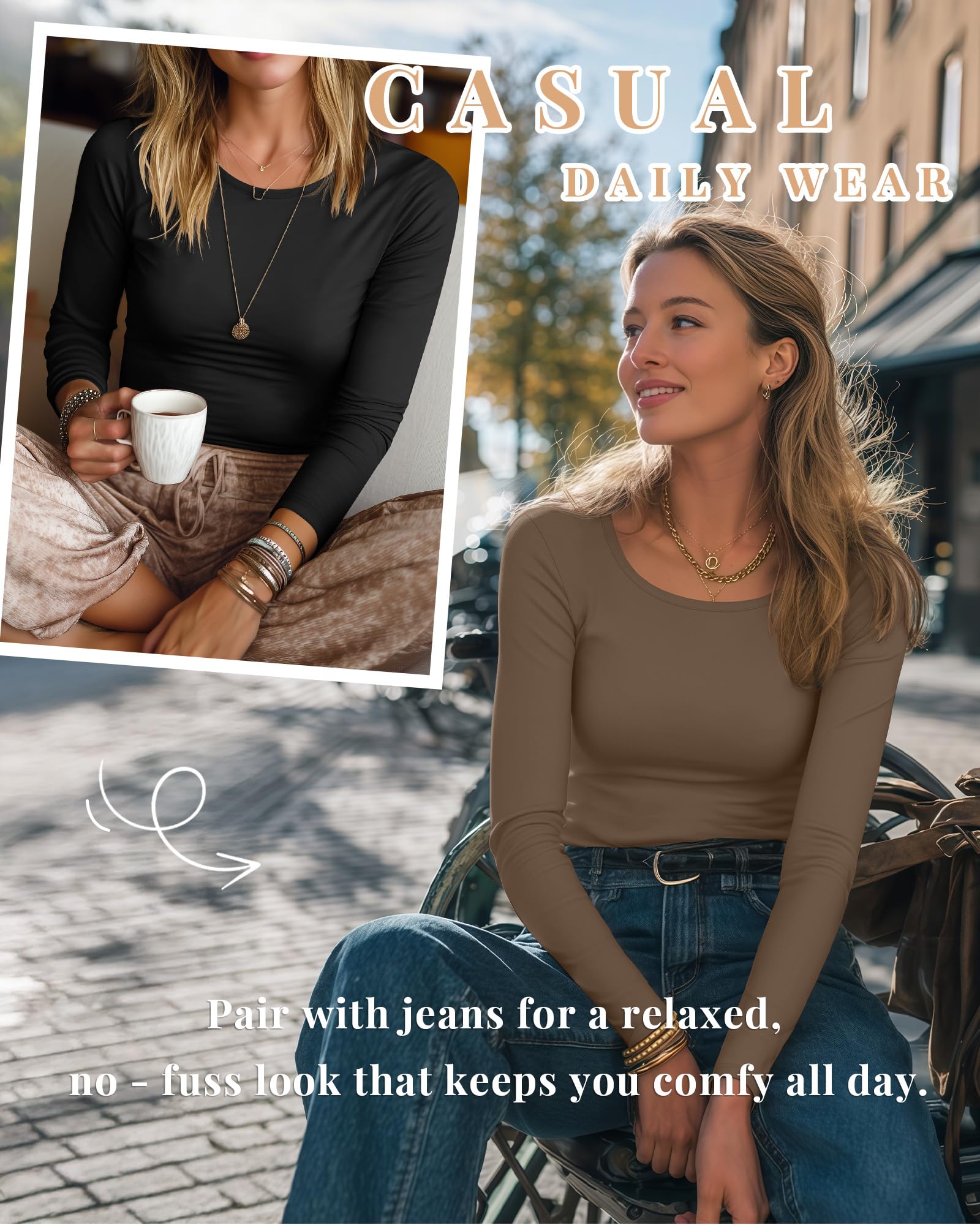 Neer Lot de 4 chemises à manches longues et col rond pour femme - Coupe ajustée - Couche de base extensible - Décontractée - Automne