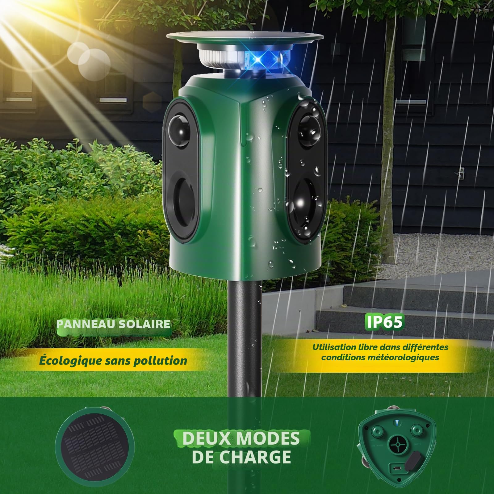 Répulsif pour chats à ultrasons solaire, répulsif pour chats à 360° pour le jardin, répulsif à ultrasons pour animaux avec détecteur de mouvement et voyant lumineux, étanche IP65, portée de 10 m