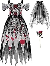 ReliBeauty Sposa Cadavere Costume Bambina Da 3 a 12 anni con Velo e Rose Fiori