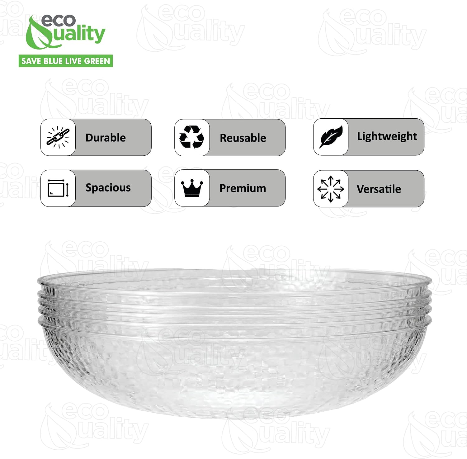EcoQuality 15 inch Clear Hammered Plastic Bowl – Large Disposable Serving Bowl for Salads, Snacks, Fruits, Party Foods, Catering, Meal Prep, and Everyday Kitchen Use (2)