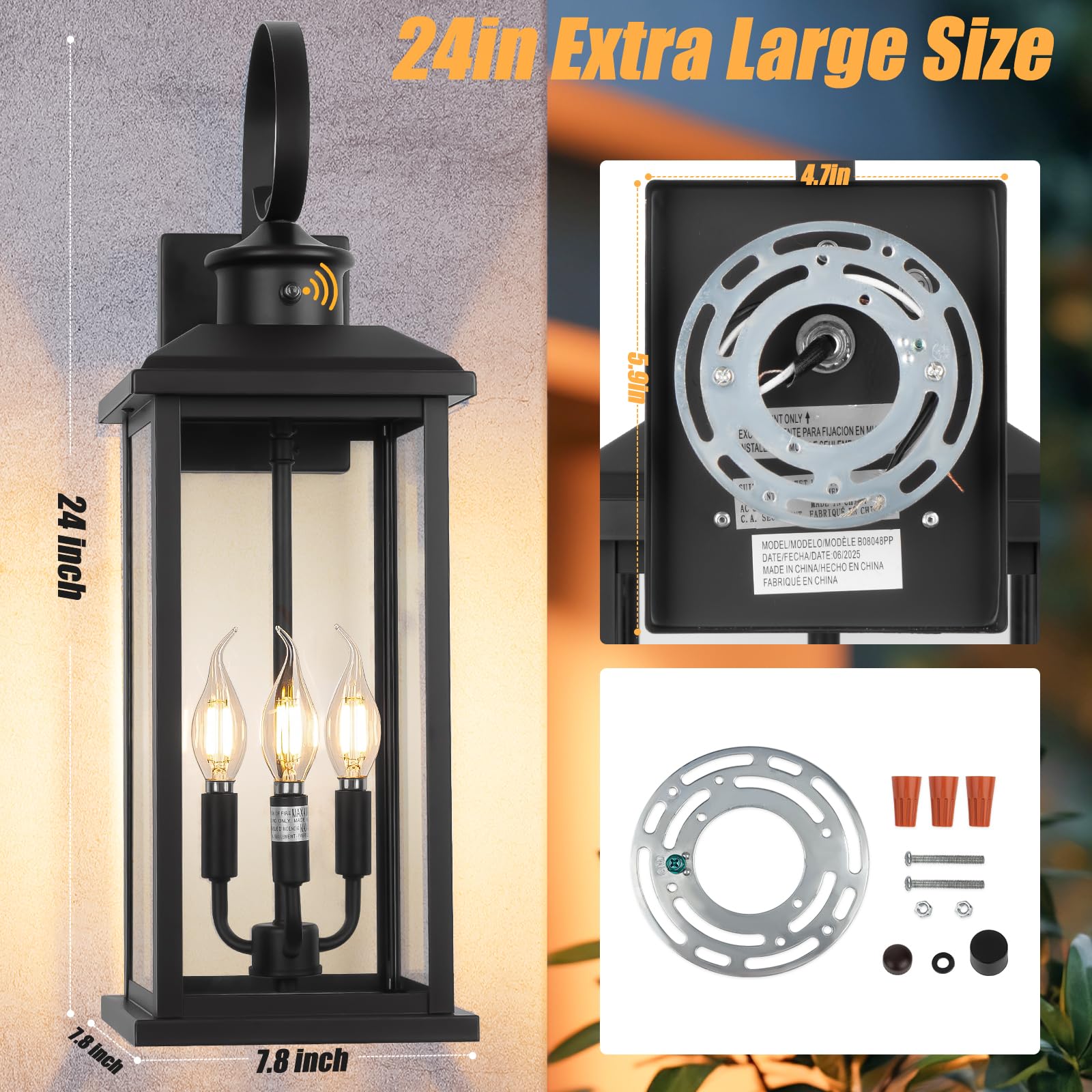 24 Dusk to Dawn Outdoor Wall Light Fixture 2 Pack-Black Extra Large Modern Porch Lantern 3-Light Waterproof Exterior — view 6