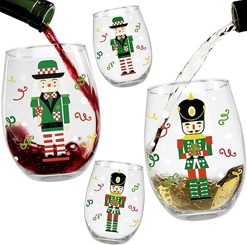 BANBERRY DESIGNS Nutcracker - Juego de copas de vino sin tallo, 4 vasos con diseño de soldado de juguete navideño, 14 onzas, 4.75 pulgadas de alto