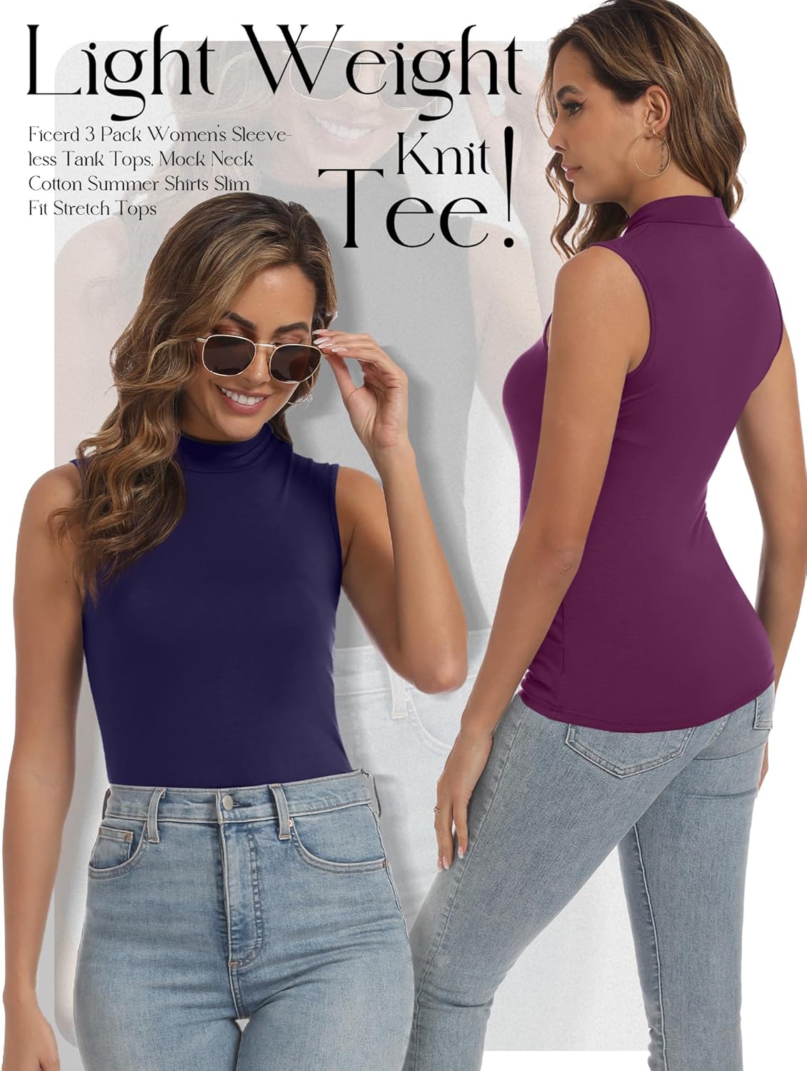 Ficerd 3 Pack Women's Sleeveless Tank Tops, Mock Neck Summer Shirts Slim Stretch Basic Tops Lightweight Knit Tee - Image 3