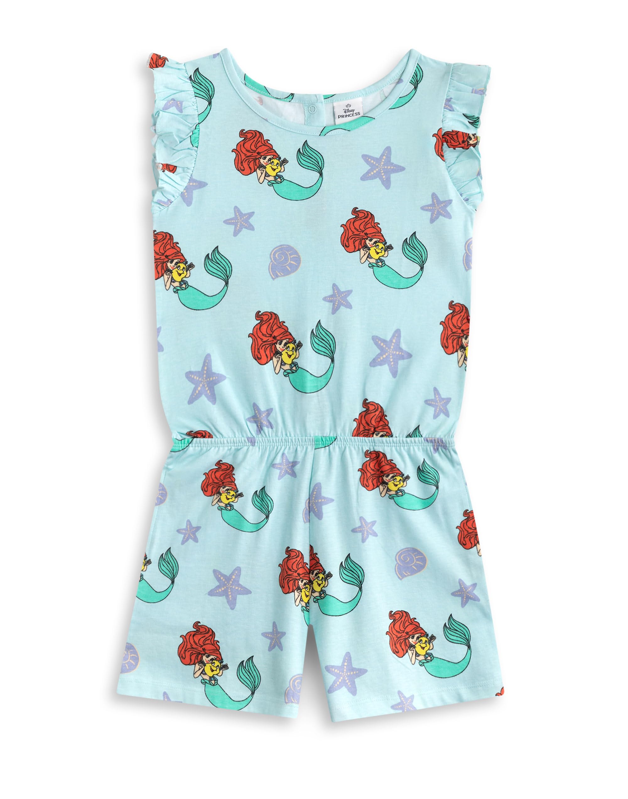 Disney Girls Ariel The Little Mermaid Light Blue Sleeveless Playsuit | Character Motif Summer Outfit | Ruffle Detail On Shoulders | Casual Wear With Pockets - 3-4 Years