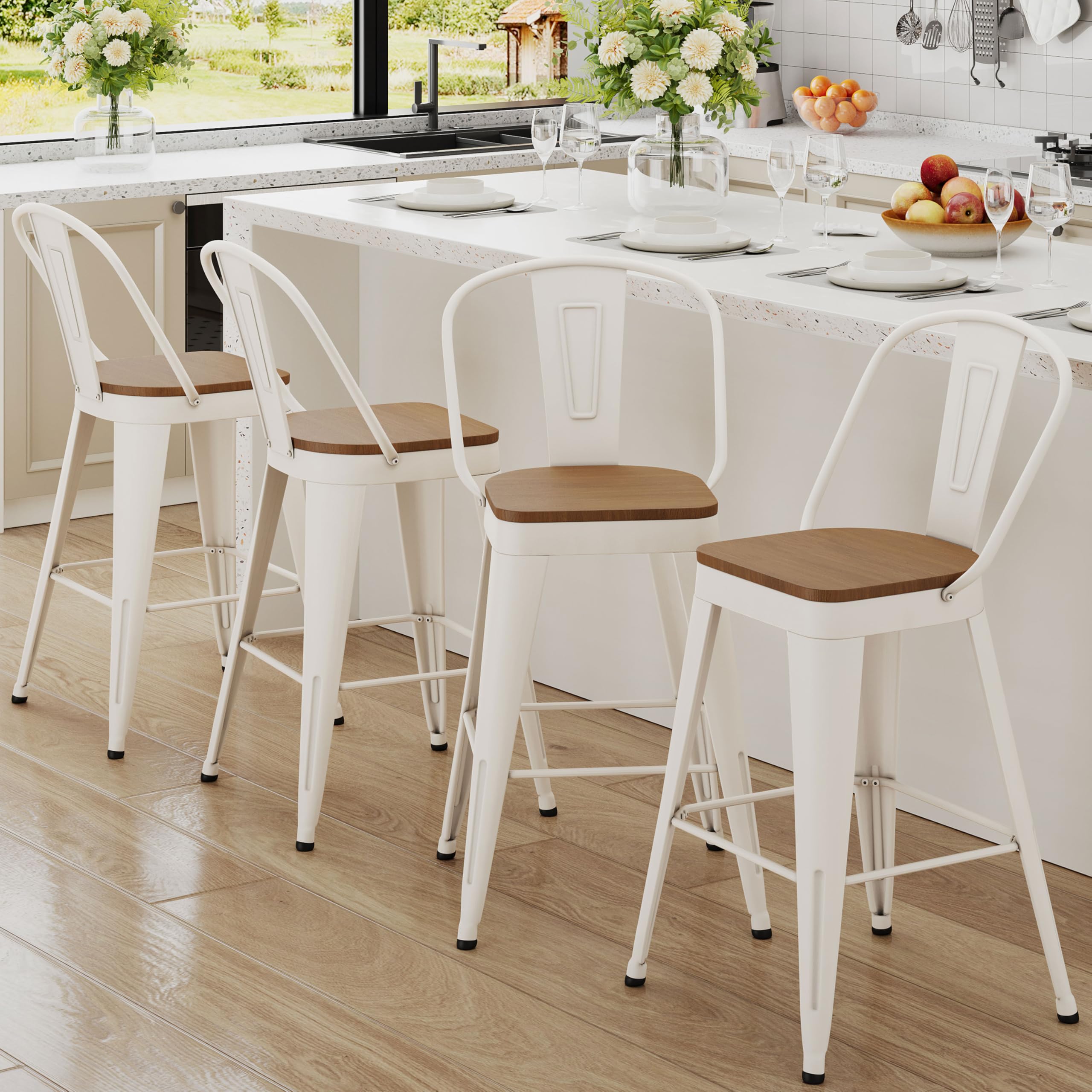 Andeworld Metal Bar Stools Set of 4, 30 inch Bar Height Barstools with Backs Farmhouse Modern High Back Bar Stools with Larger Seat Kitchen Dining Bar