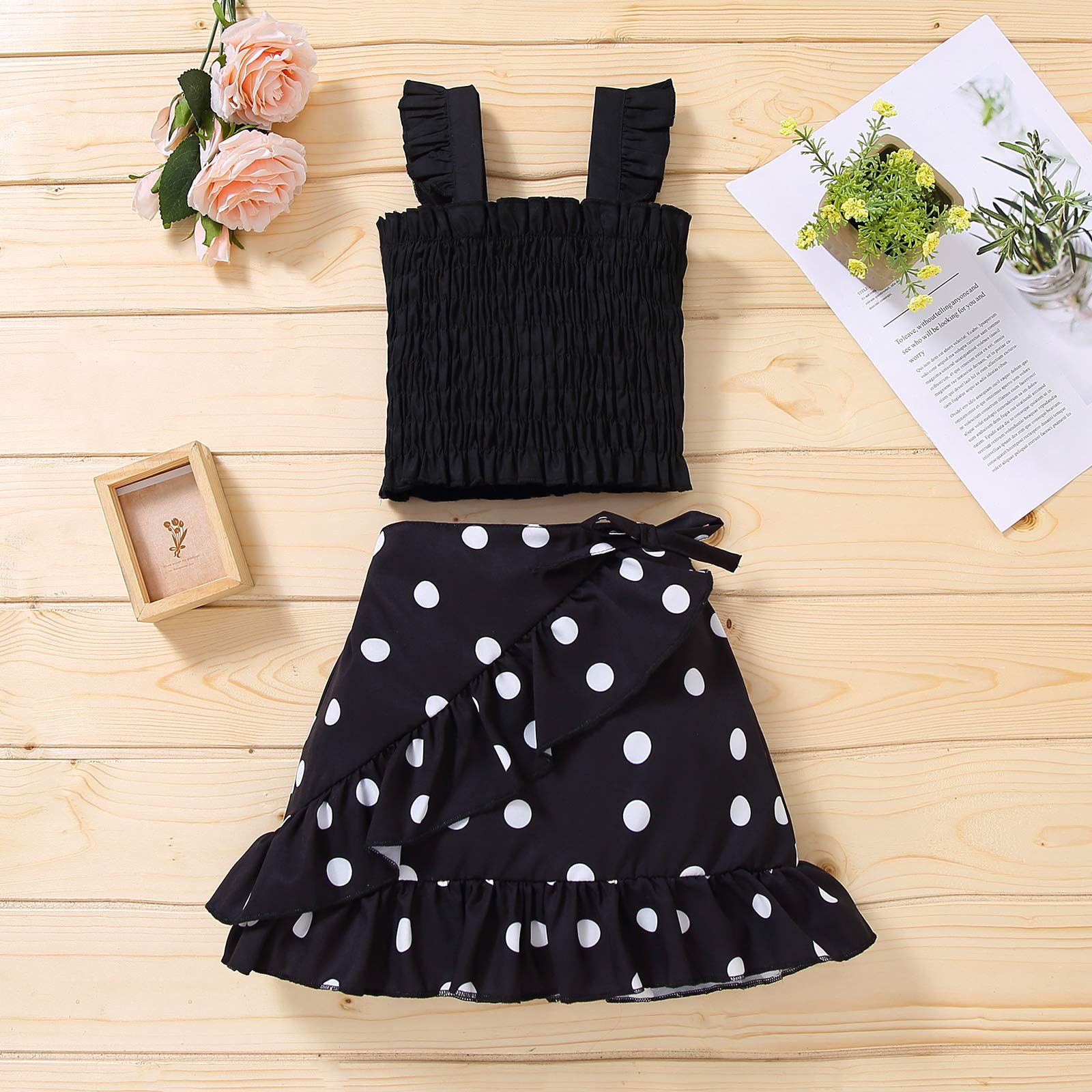 Toddler Baby Girl Summer Skirt Set Sleeveless Vest Crop Top Ruffle Irregular Floral Skirts 2Pcs Outfit Set (Black-Polka Dots,3-4T,3 Years,4 Years,)