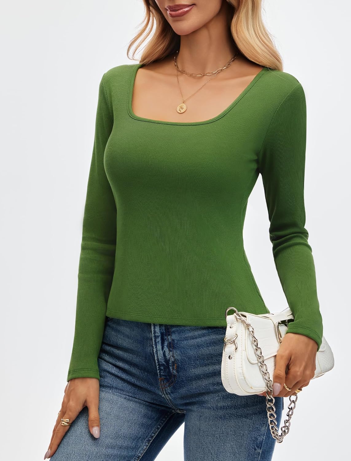 kakola Ribbed Square Neck Tops for Women Basic Long Sleeve Tees Scoop Neck Fitted Cropped T-Shirts 2025 Fall - Image 3