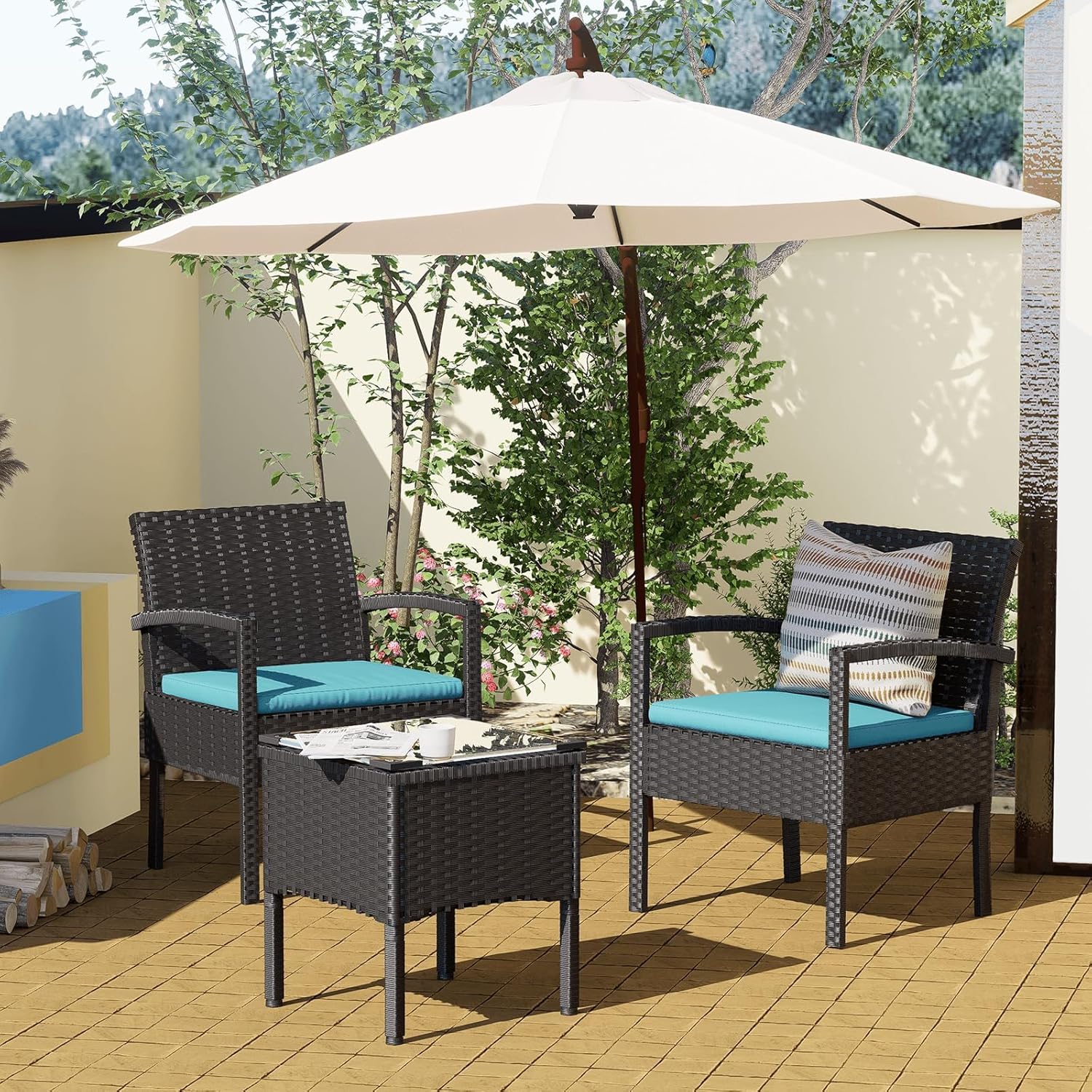 MEISSALIVVE 3 Pieces Outdoor Patio Furniture Set, Small Wicker Bistro Conversation Set for Porch and Balcony, All Weather PE Rattan Chairs with Table, Backyard Garden Furniture (Blue)