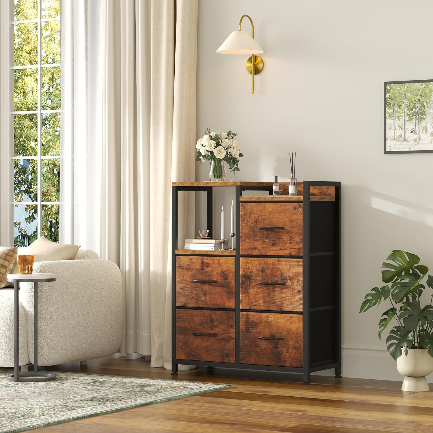 DUMOS TV Stands for Bedroom with 5 Drawers, 5-Drawer Chest of Drawers with Raised Shelf, Storage Tower with Fabric Bins for Closet Organization, Hallway Storage, Brown