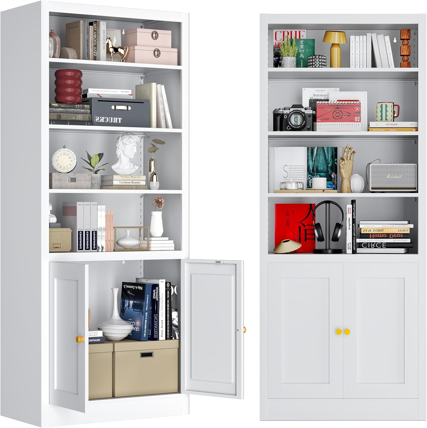 55" H Metal Bookshelf, Tall White Storage Cabinet with Doors and Shelves, Adjustable Bookcase with Storage for Living Room, Office, Study