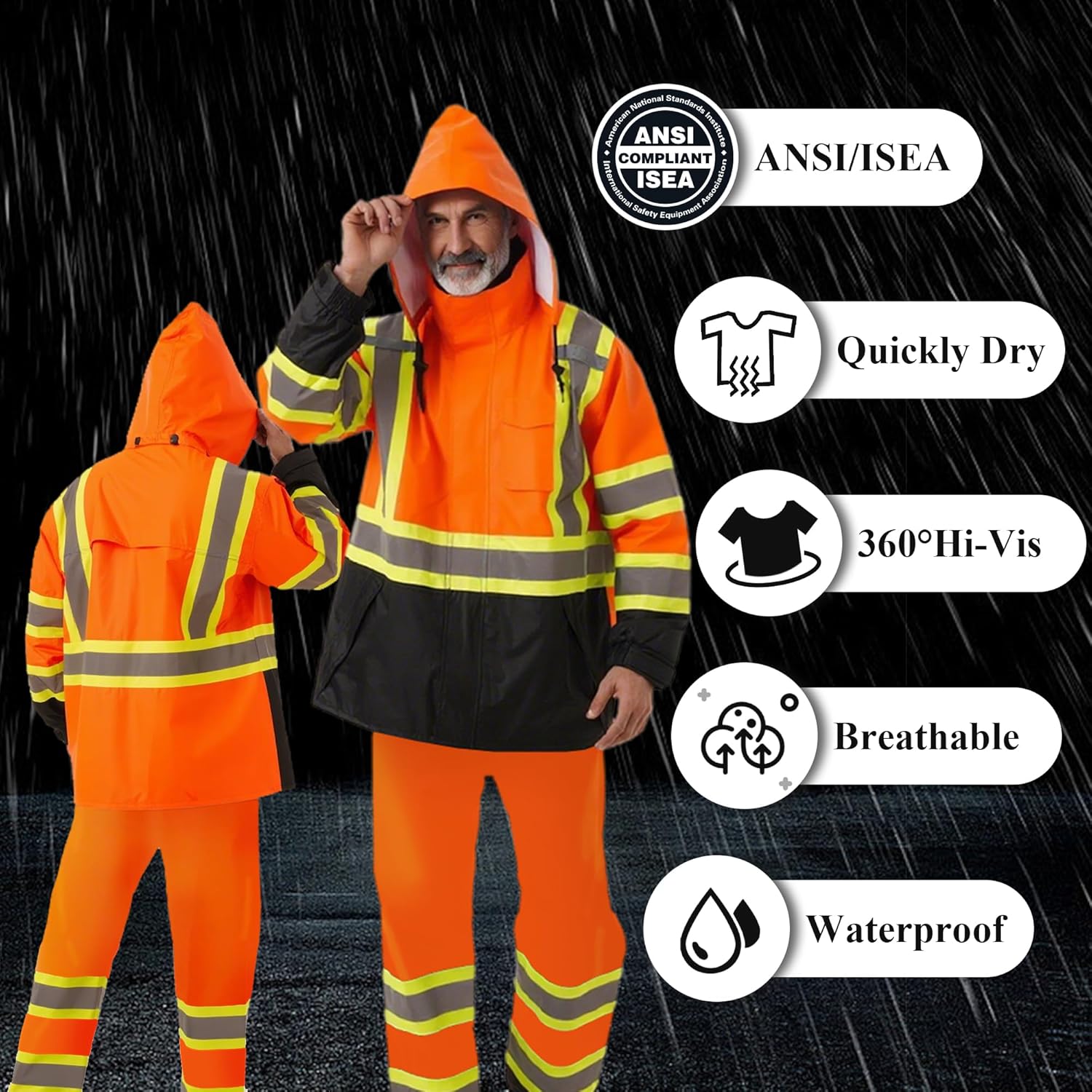 Hi Vis Rain Jackets for Men Reflective Waterproof High Visibility Class 3 Safety Rain Coat with Black Bottom