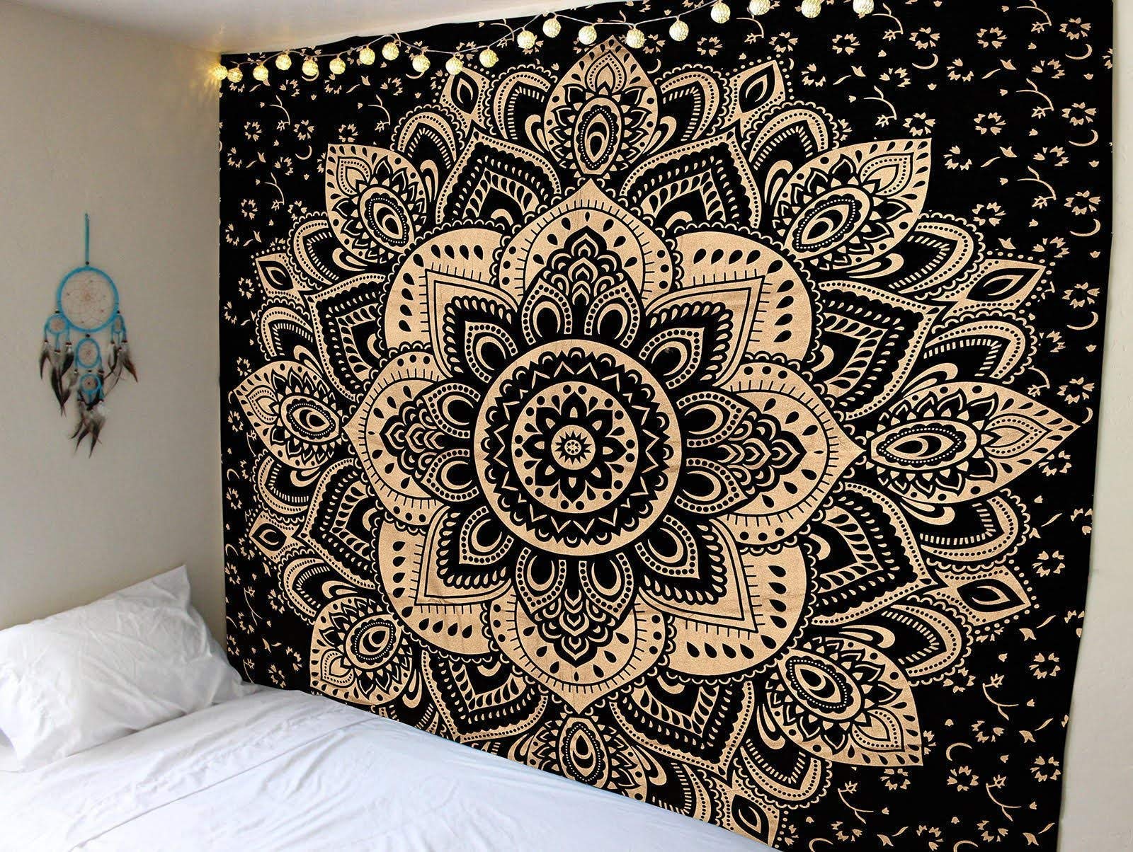 Textile export creations Cotton lotous Gold Indian Mandala Double Bed Cover (Multicolour, Queen Size)-image-29