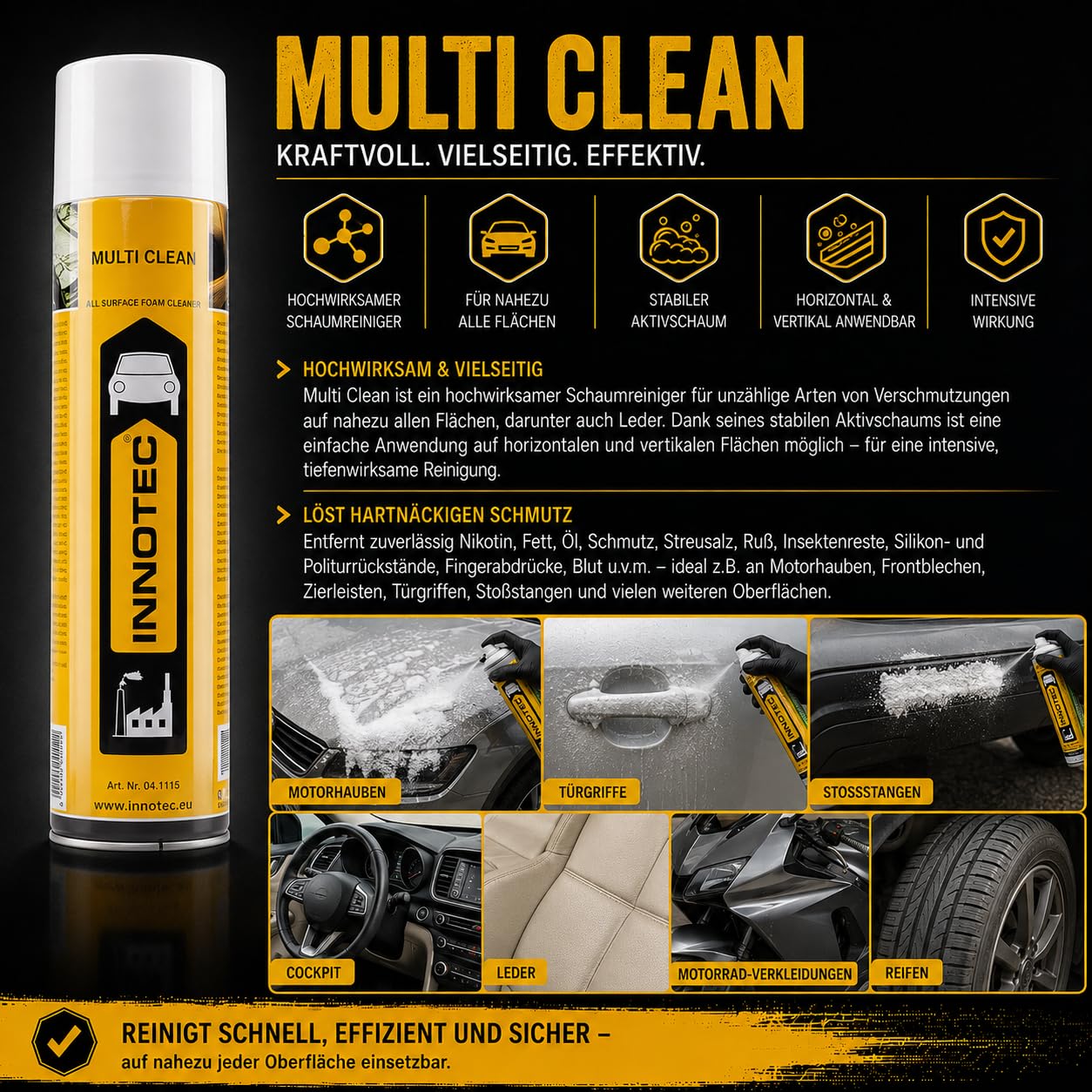 2 Stück Innotec Multi Clean - Universal Schaumreiniger 600 ml Lederreinigung Polsterreinigung Autositzreinigung Innenraumpflege - Aktivschaum für nahezu allen Flächen - Reinigt schnell, effizient