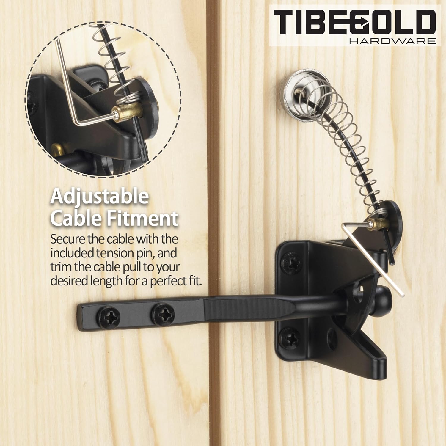 Self Locking Gate Latch with Spring Cable Pull, Black Gravity Lever Door Latch for Wooden Fence Gate, Automatic Gate Hardware Door Lock for Outdoor Secure Pool Garden Shed, 2 Pack