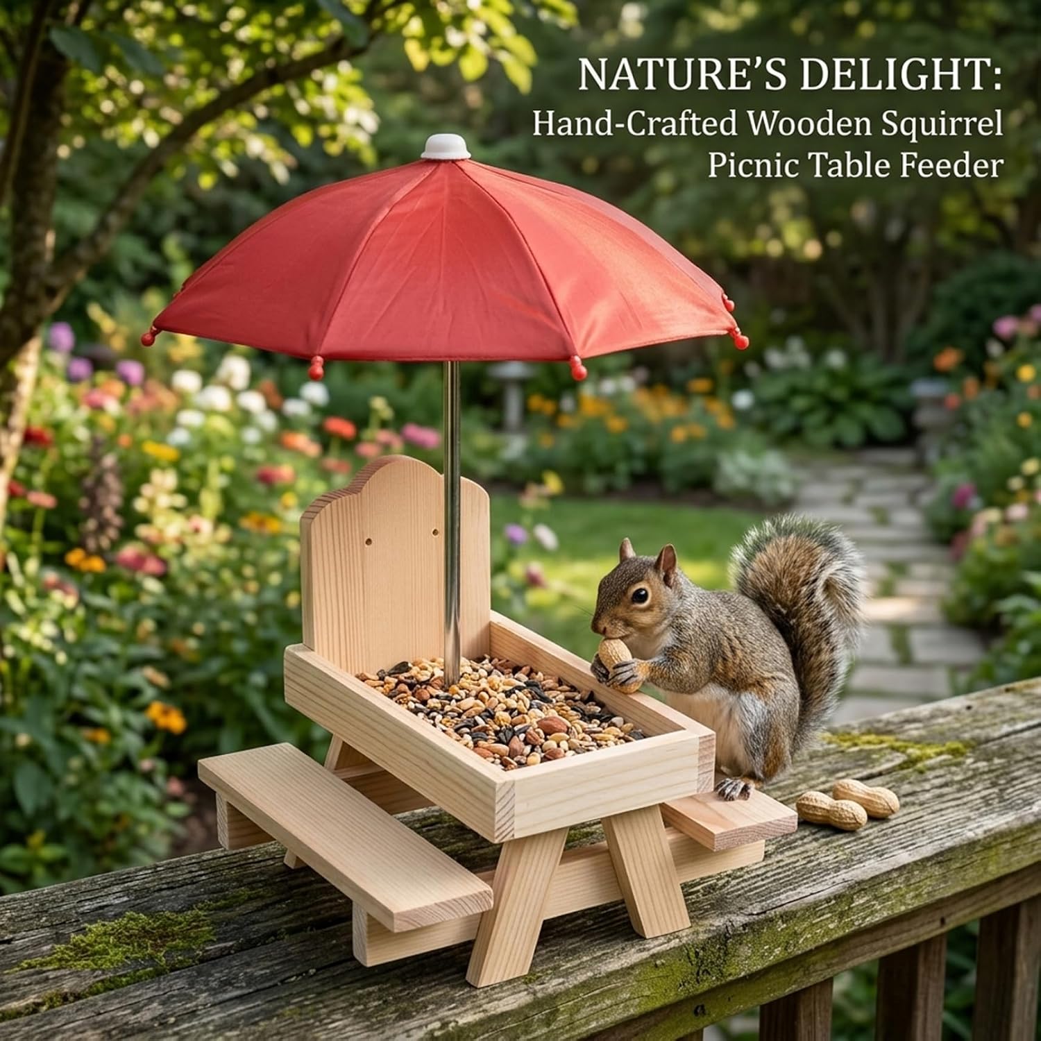 Squirrel Picnic Table with Red Umbrella, Wooden Chipmunk Squirrel Feeder for Outside - Natural Wood Wildlife Feeding Station with Corn Cob Holder, 18×21×18cm ;1
