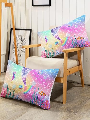 Miniatura 7 de Datura home Juego de edredón de cama con estampado de cola de sirena rosa arcoíris con 1 y 2 fundas de almohada para dormitorio de niñas para todas