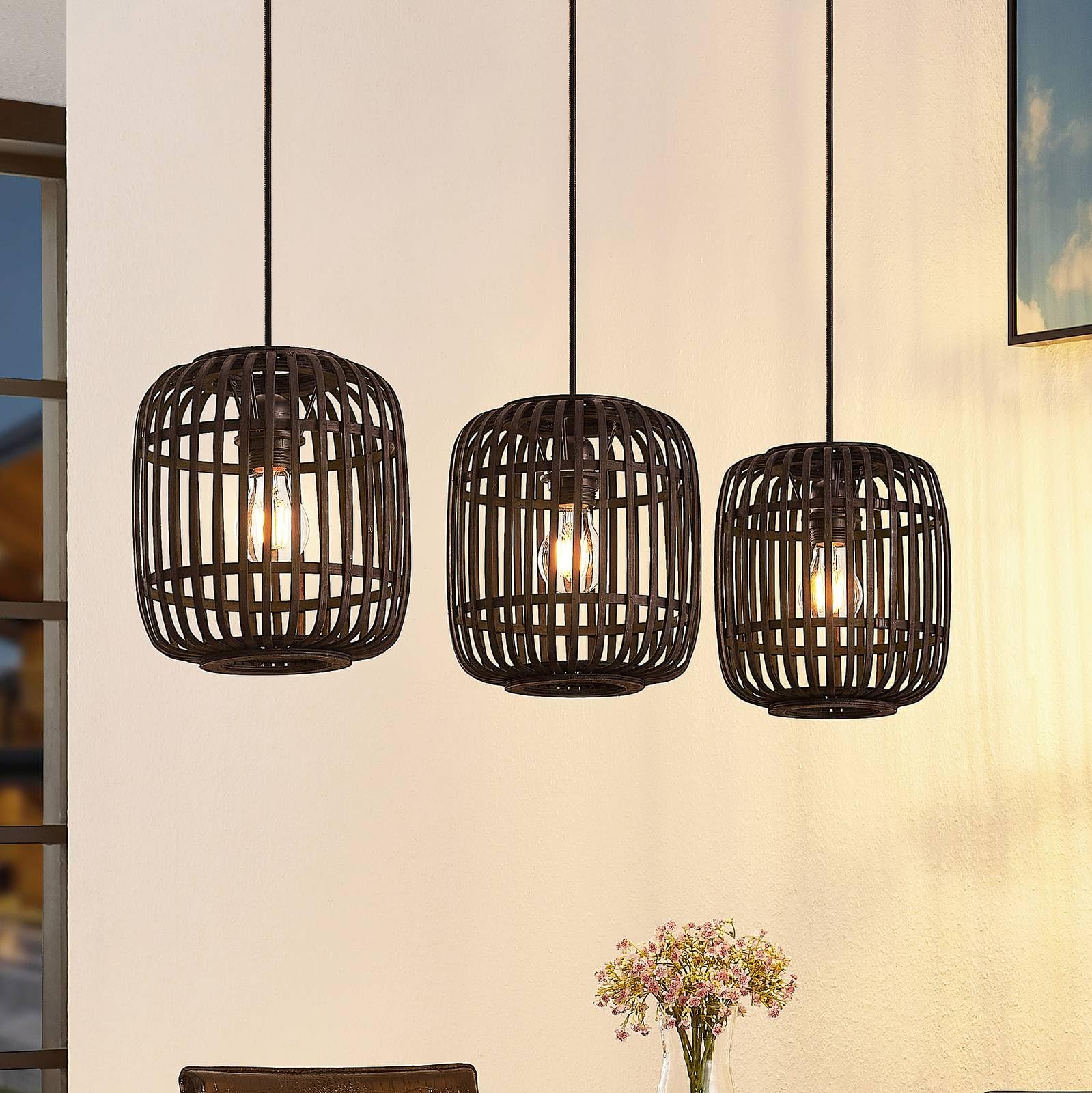 Lámpara colgante 'Canyana' (Tradicional) en Negro hecho de Madera e.o. para Salón & Comedor (3 llamas, E27) de Lindby | lámpara colgante de madera, lámpara colgante, lámpara, lámpara de techo, lámpara