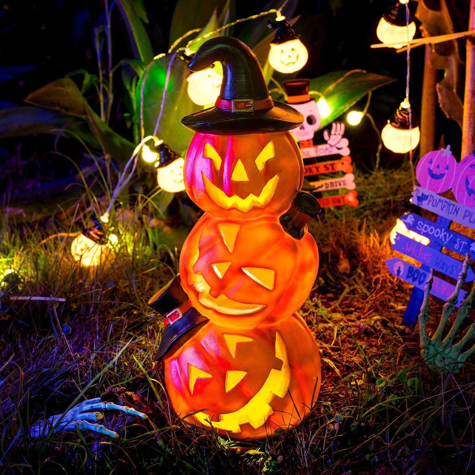 Halloween Pumpkin Decorations Unique 3 Tiers Stacked Jack-O-Lantern Solar Pumpkin Lights Outdoor Halloween Decor for Porch Garden Yard Lawn,3 Tiers Pumpkin