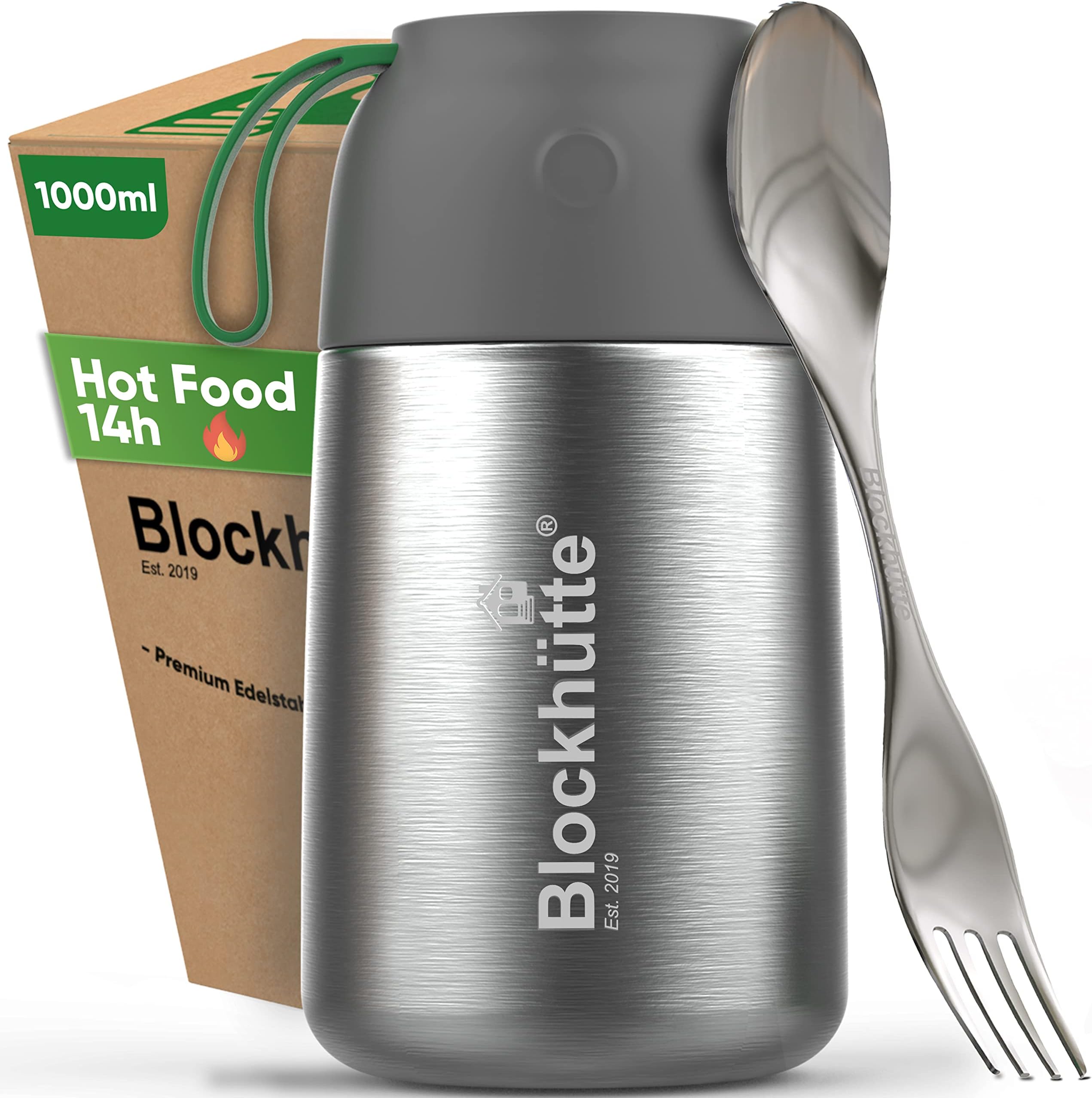 – Blockhütte Stainless Steel Thermal Lunch Box for Hot Food I 1l I Soup Flask with Spork I Vacuum Insulated Food Container for 14h Hot Meals I BPA Free Thermal Lunch Box for warm meals To Go