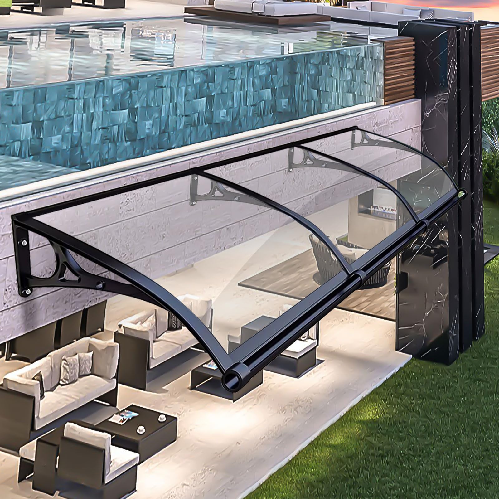 Auvent extérieur avec support en aluminium noir, l'élégance transparente durable