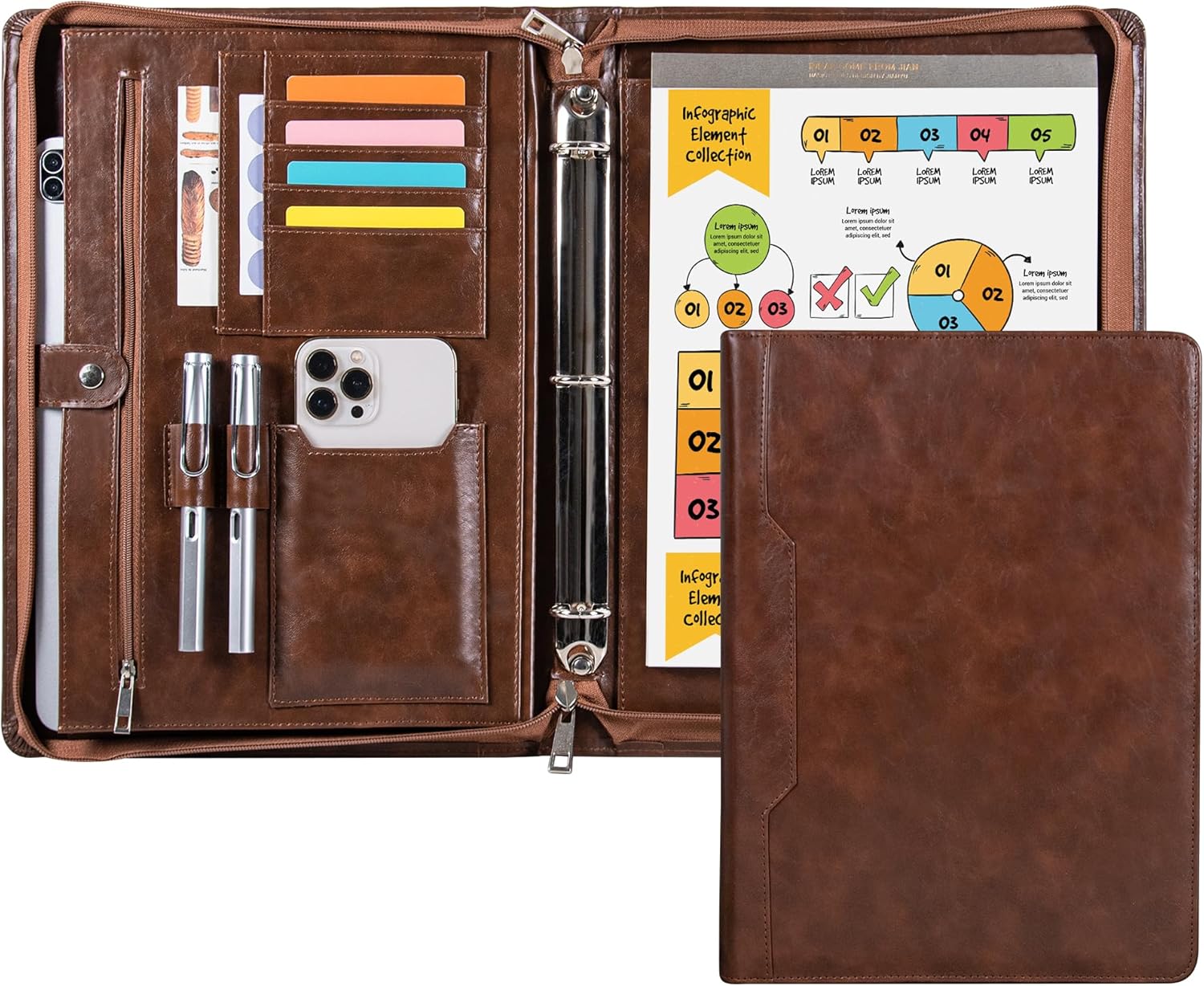 Professional 3-Ring Portfolio Organizer A4 Padfolio with Zipper, Premium PU Leather Business Planner Folder for Resume, Interview, Office, and Travel – Dark Brown