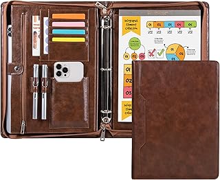 Professional 3-Ring Portfolio Organizer A4 Padfolio with Zipper, Premium PU Leather Business Planner Folder for Resume, Interview, Office, and Travel – Dark Brown