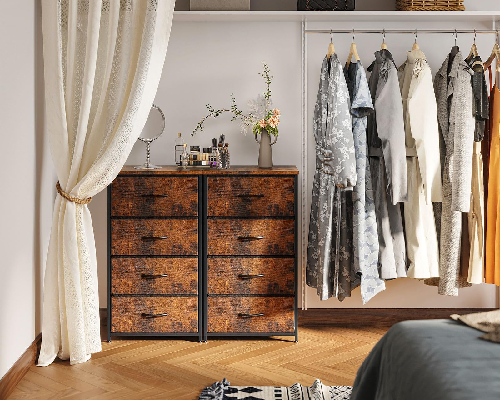 Coleshome Commode Chambre Adulte, avec 4 Tiroirs, Petite Commode Haute avec Tiroir en Tissu, Cadre en Acier Robuste, Plateau en Bois, Convient pour la Chambre et Le Salon, Couleur Vintage